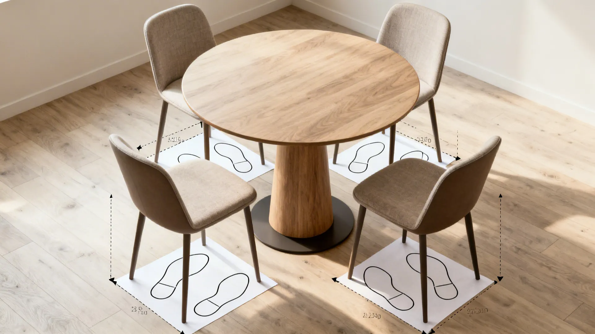 Top-down view of a round pedestal table with slim chairs showing clearances in a small nook.