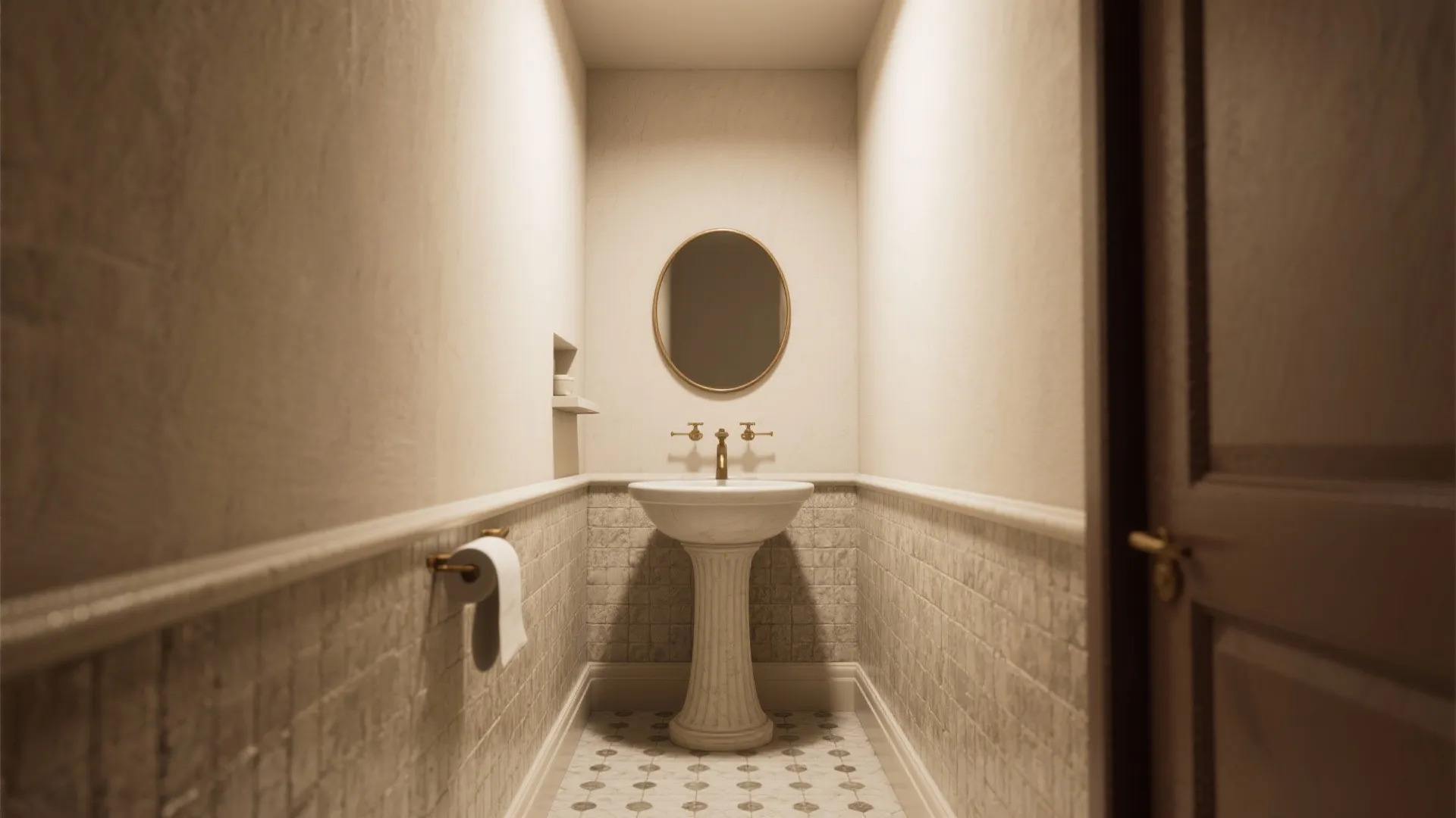 Small elegant bathroom with white pedestal sink round mirror gold wall light and tiled walls