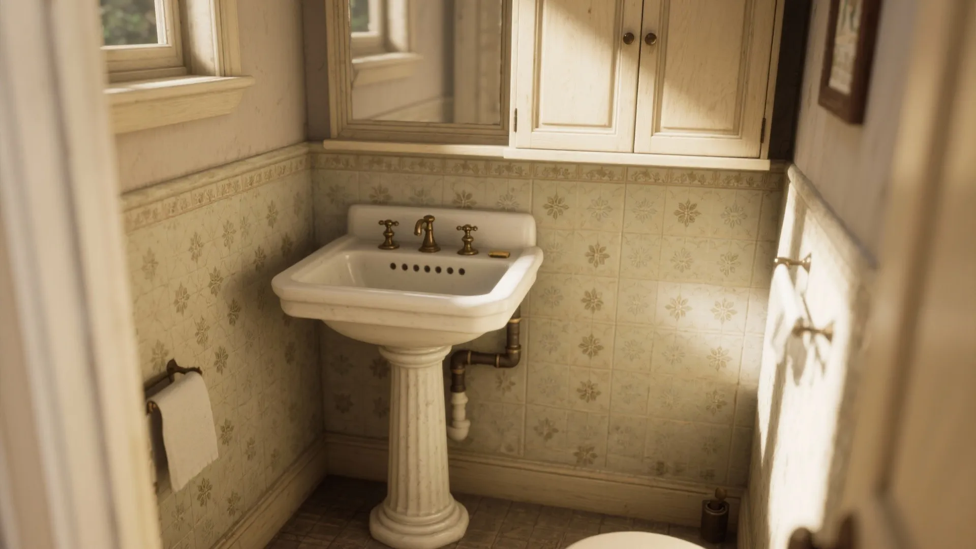Vintage white bathroom sink with gold faucet on tiled walls with mirror and wood cabinet