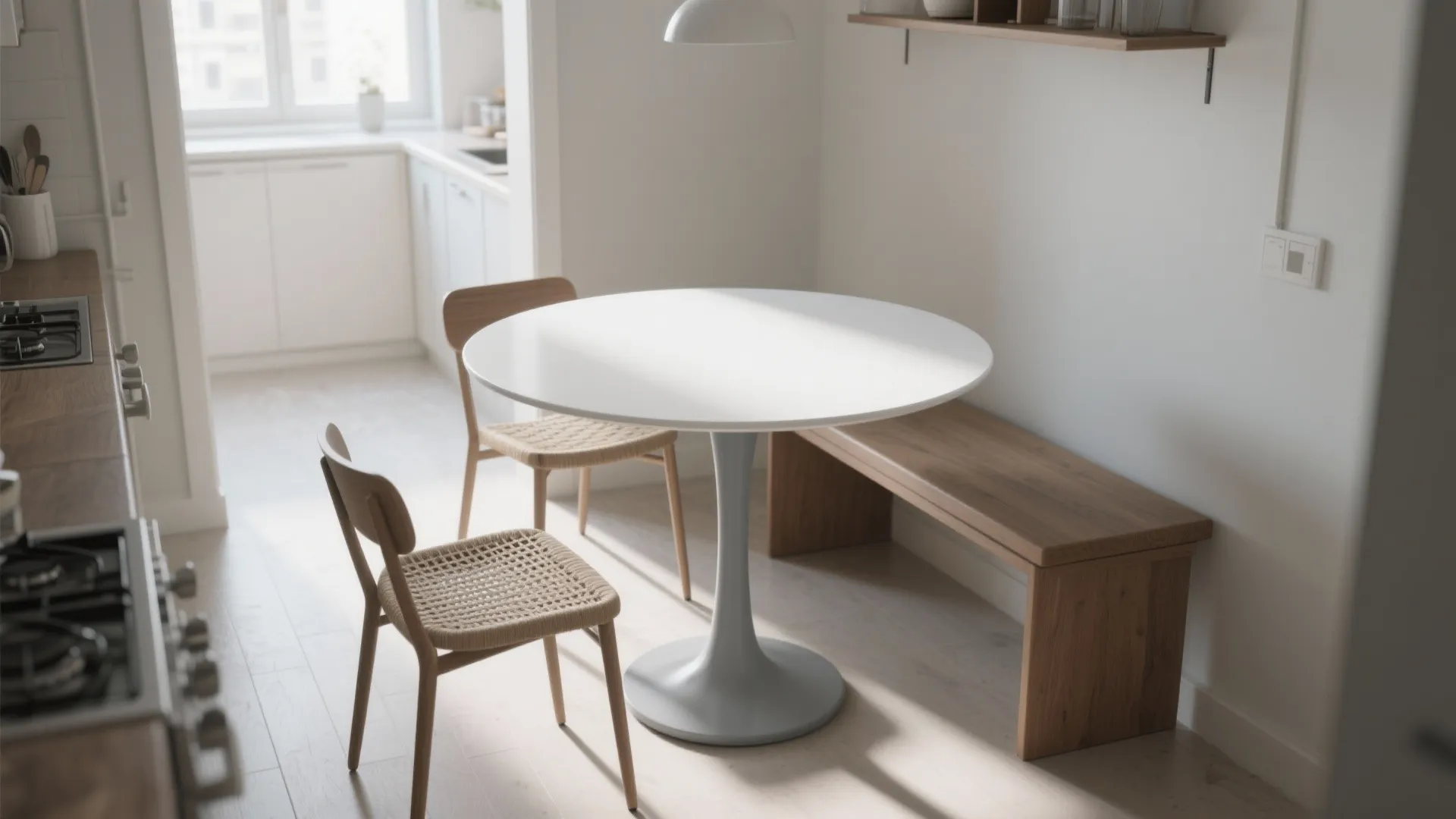 1. Slim pedestal table with white top and gray base