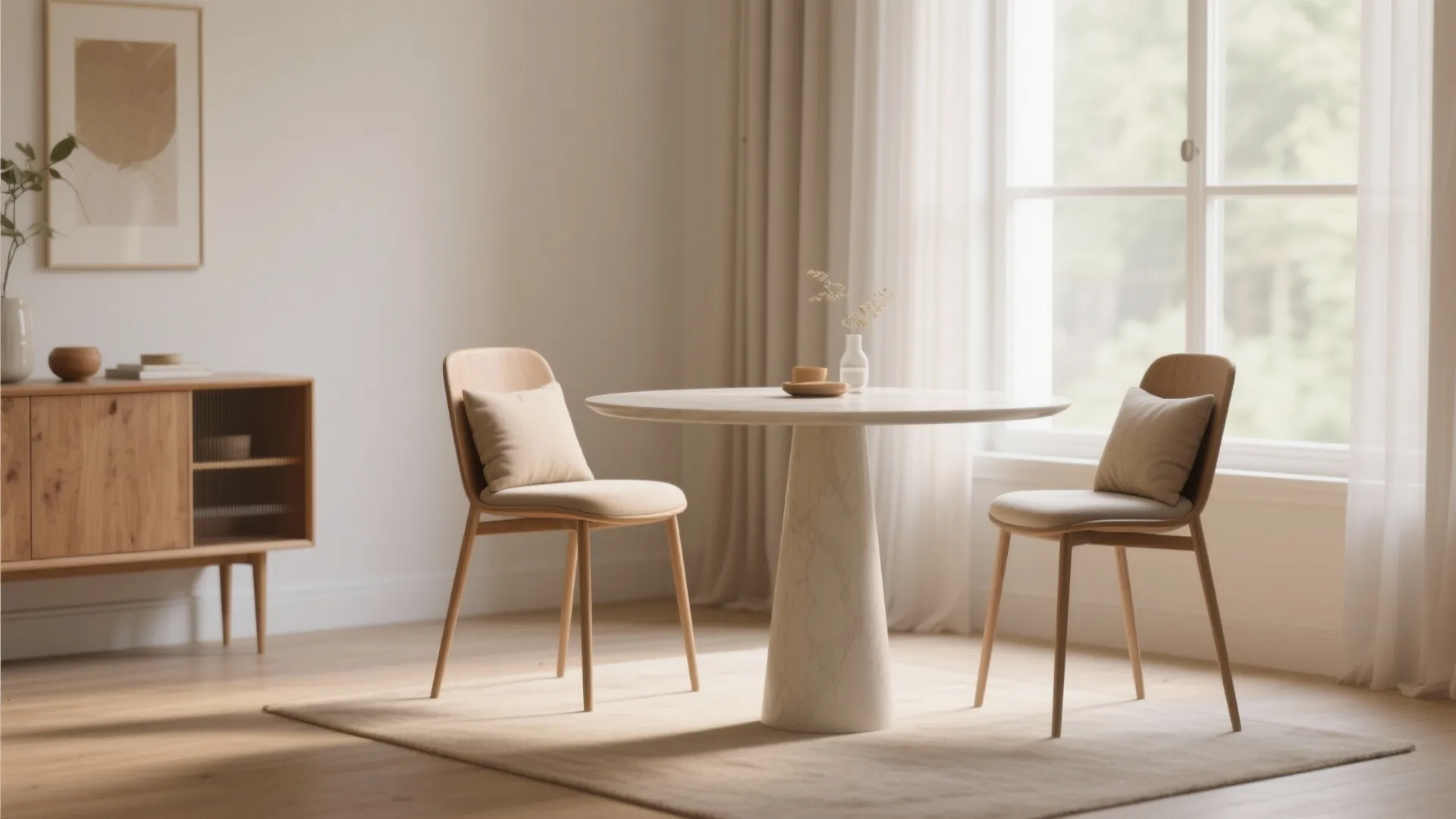 1. Slim pedestal table by a window