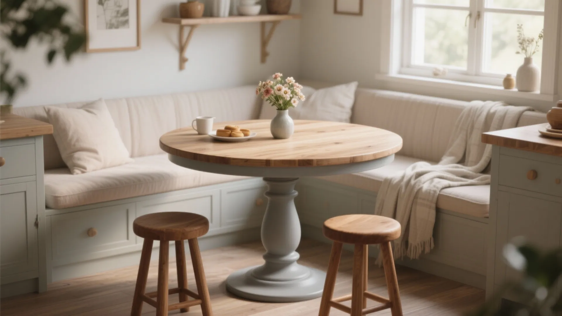 2. Gray pedestal table with natural wood accents