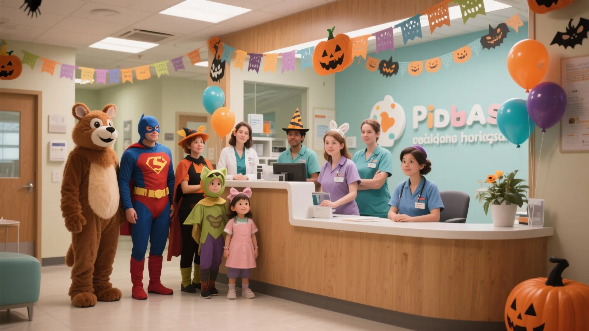 Pediatric clinic reception area decorated for Halloween with staff and children in various colorful costumes