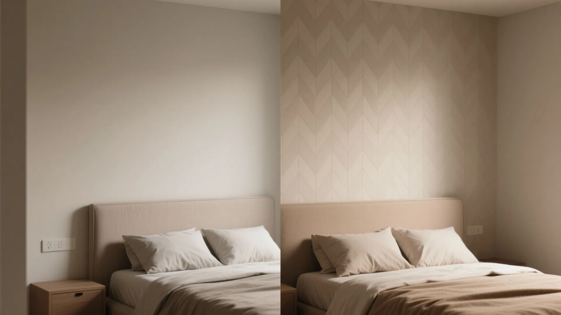 Before and after comparison showing a plain bedroom wall transformed with patterned beige wallpaper design