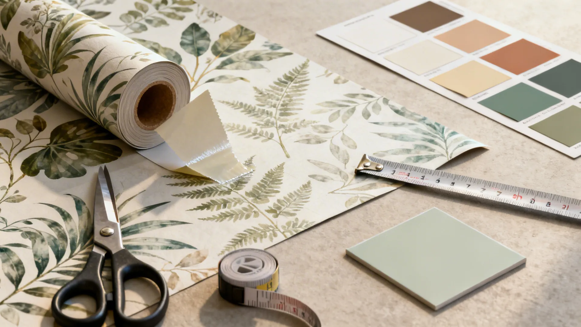 Flatlay of botanical peel-and-stick wallpaper samples and tools for quick renter-friendly makeovers.