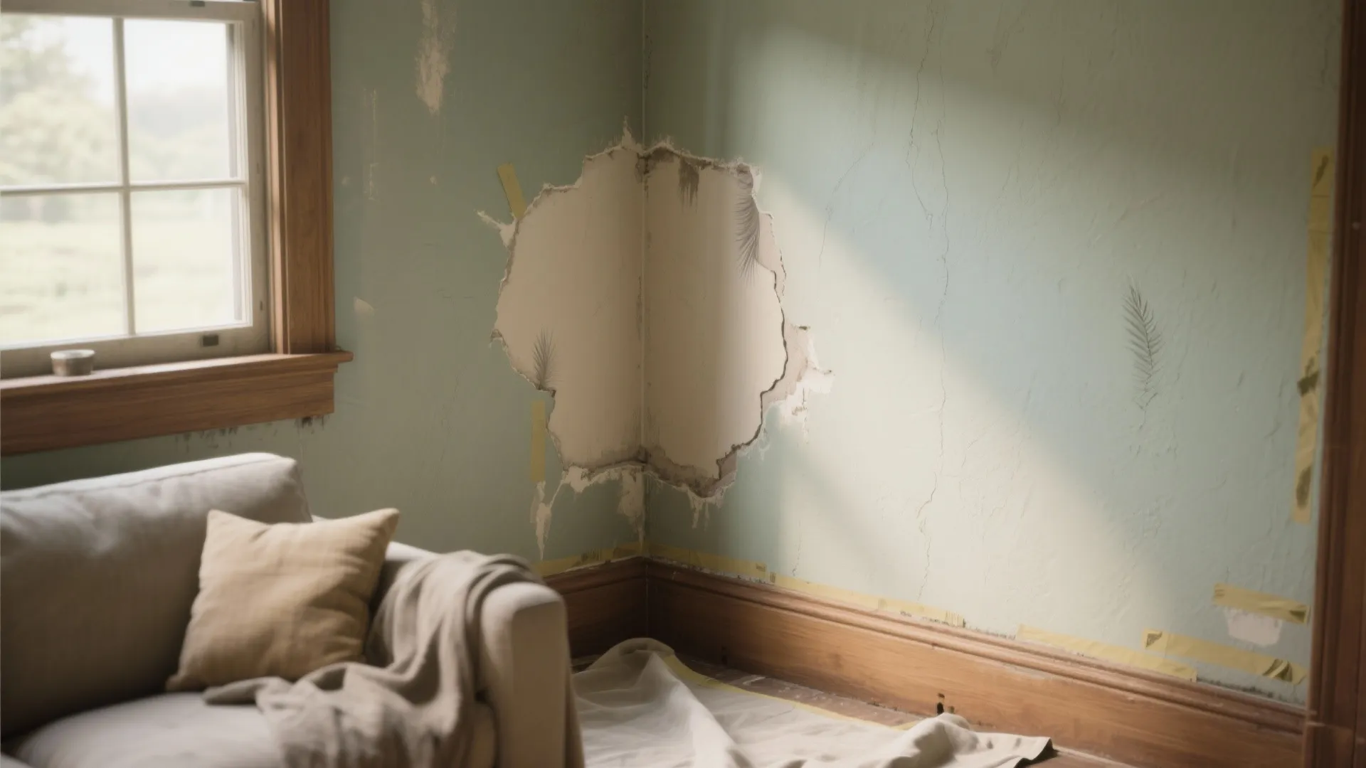 Damaged green wall with peeling paint in a living room near a window and sofa