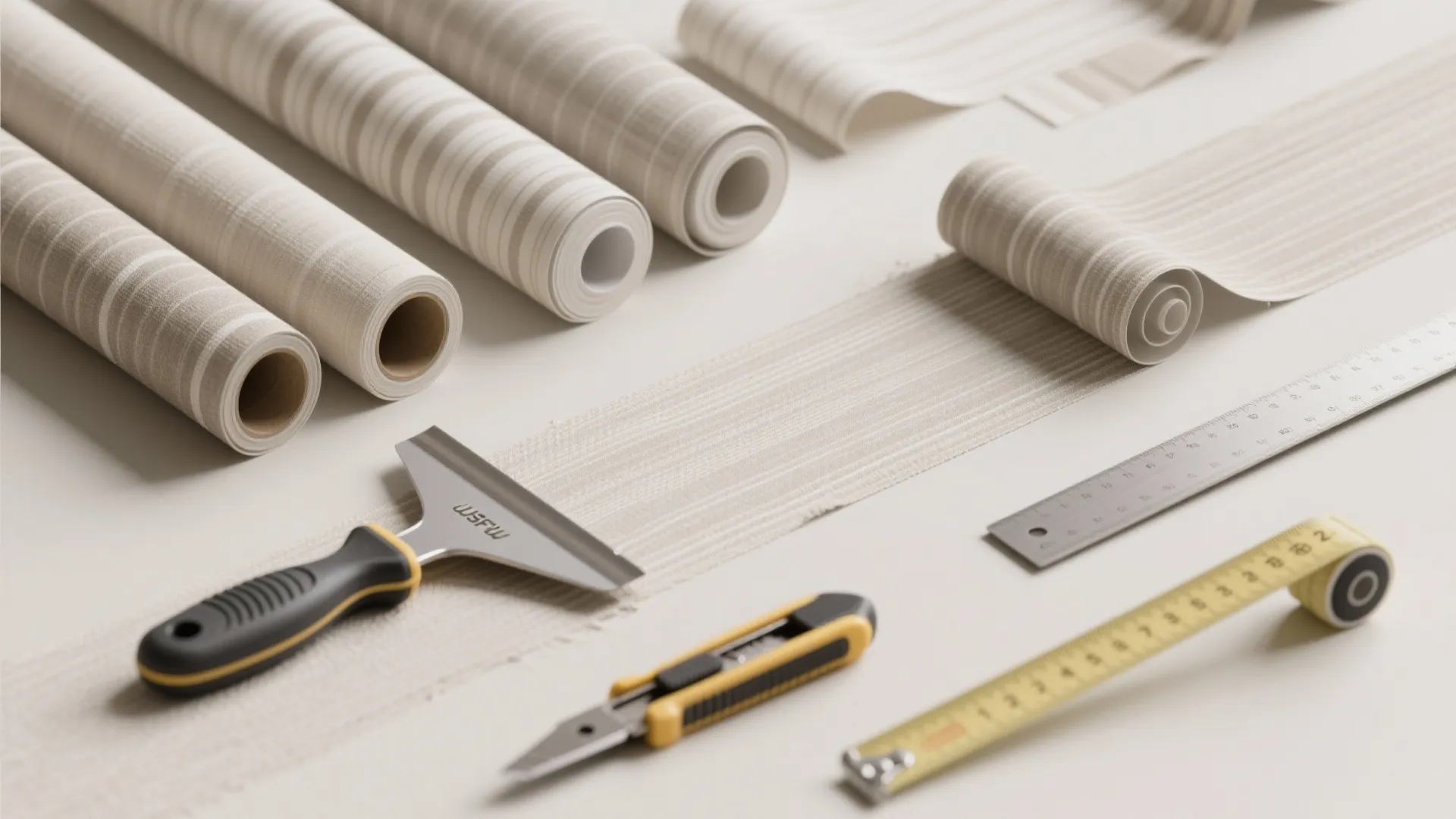 Wallpaper rolls with stripes shown alongside a metal ruler utility knife and small hand tool