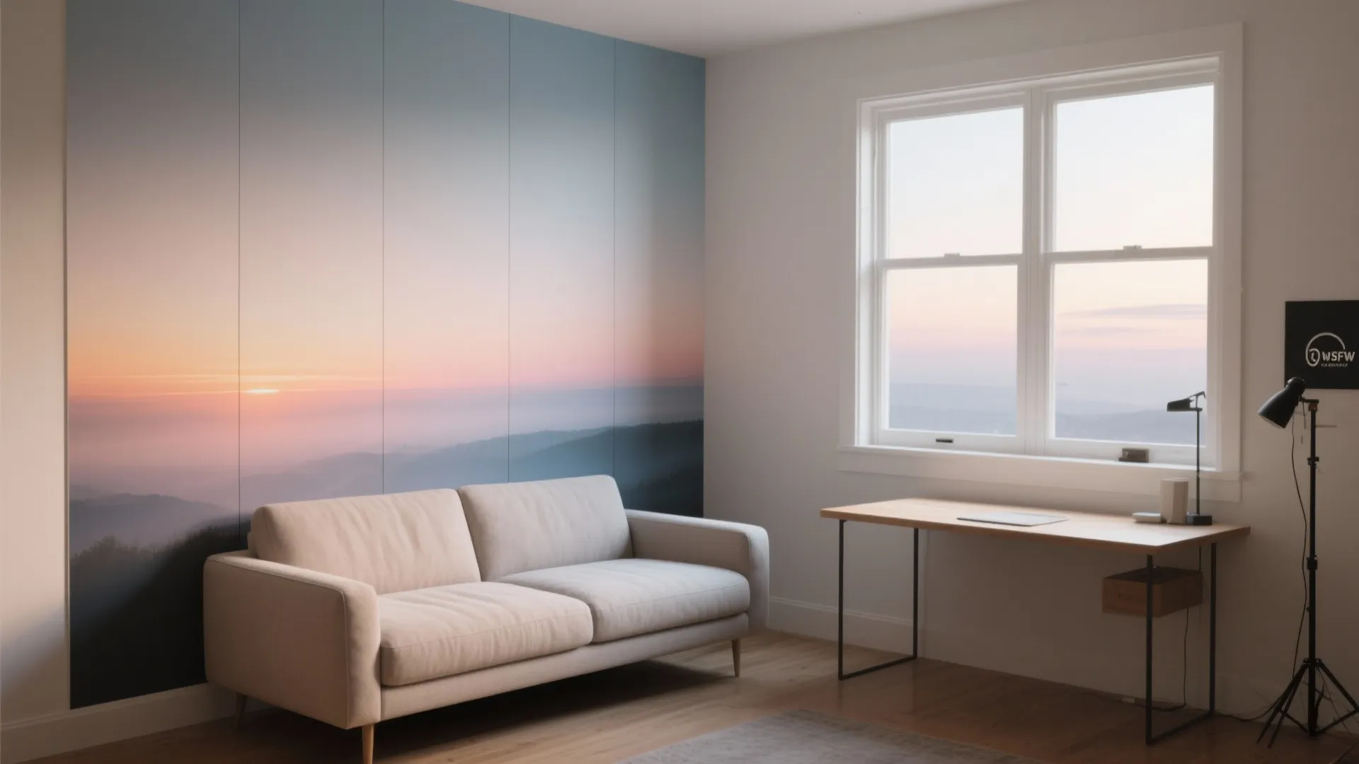 Peel-and-stick gradient mural elevates a compact studio with a floating desk and soft daylight.