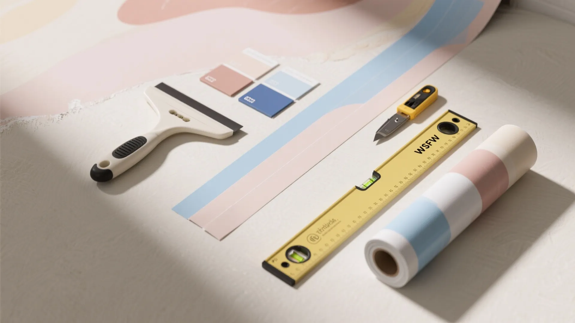 Top-down flat lay of a peel-and-stick mural kit with tools arranged neatly on a neutral surface.