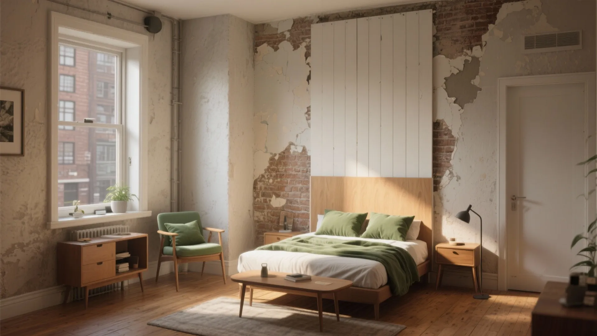 Modern bedroom with green bedding wooden furniture and a feature wall showing exposed red brick