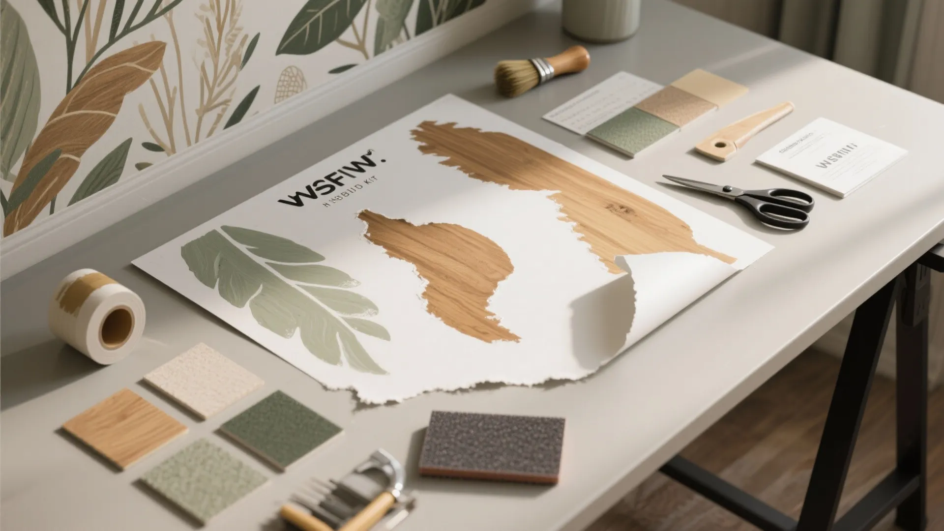 Top-down view of removable wallpaper decals, paint swatches and tools illustrating a peel-and-paint hybrid approach.