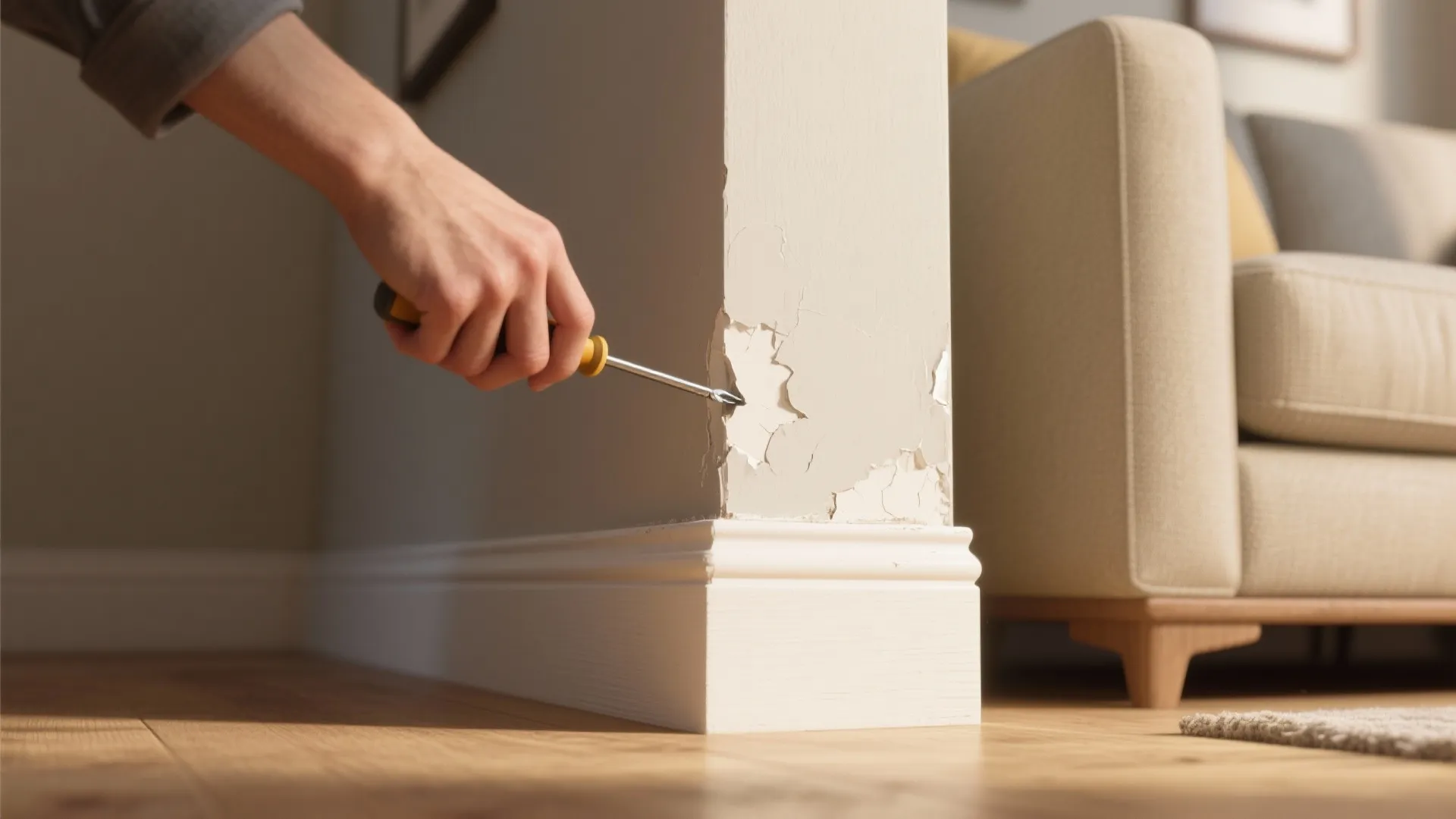 Person using metal tool to scrape peeling paint from white wall corner in living room