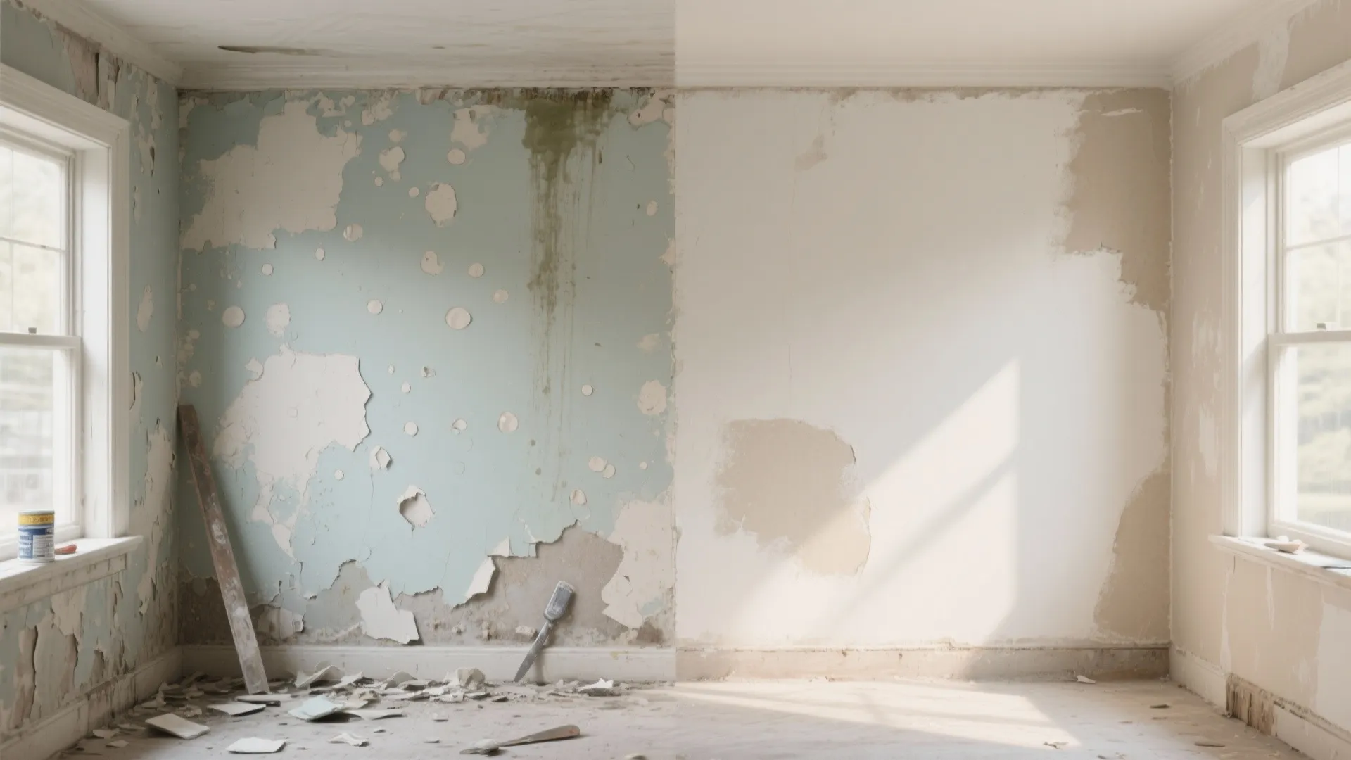 Before and after comparison showing peeling blue wall paint next to a newly patched wall