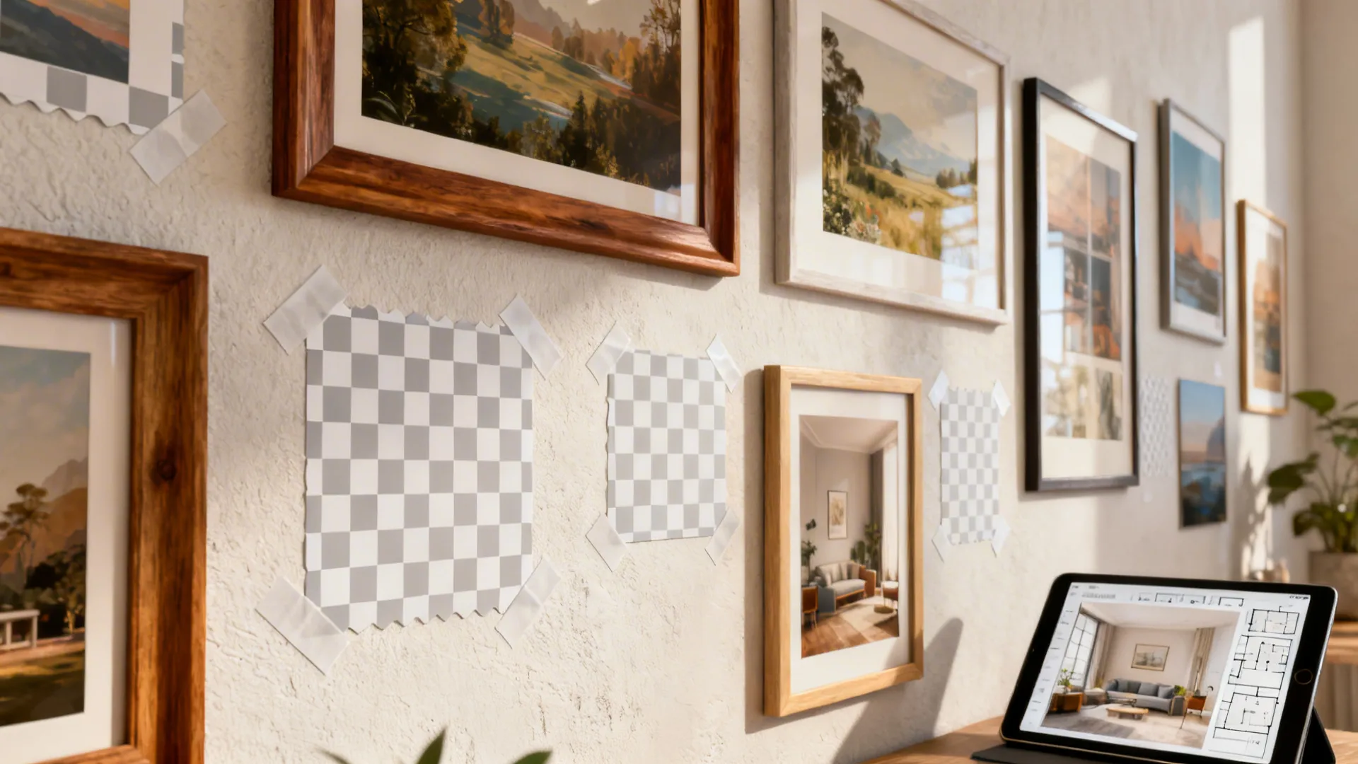 Gallery wall using peel-and-place frame stickers mixed with a couple of real frames for depth