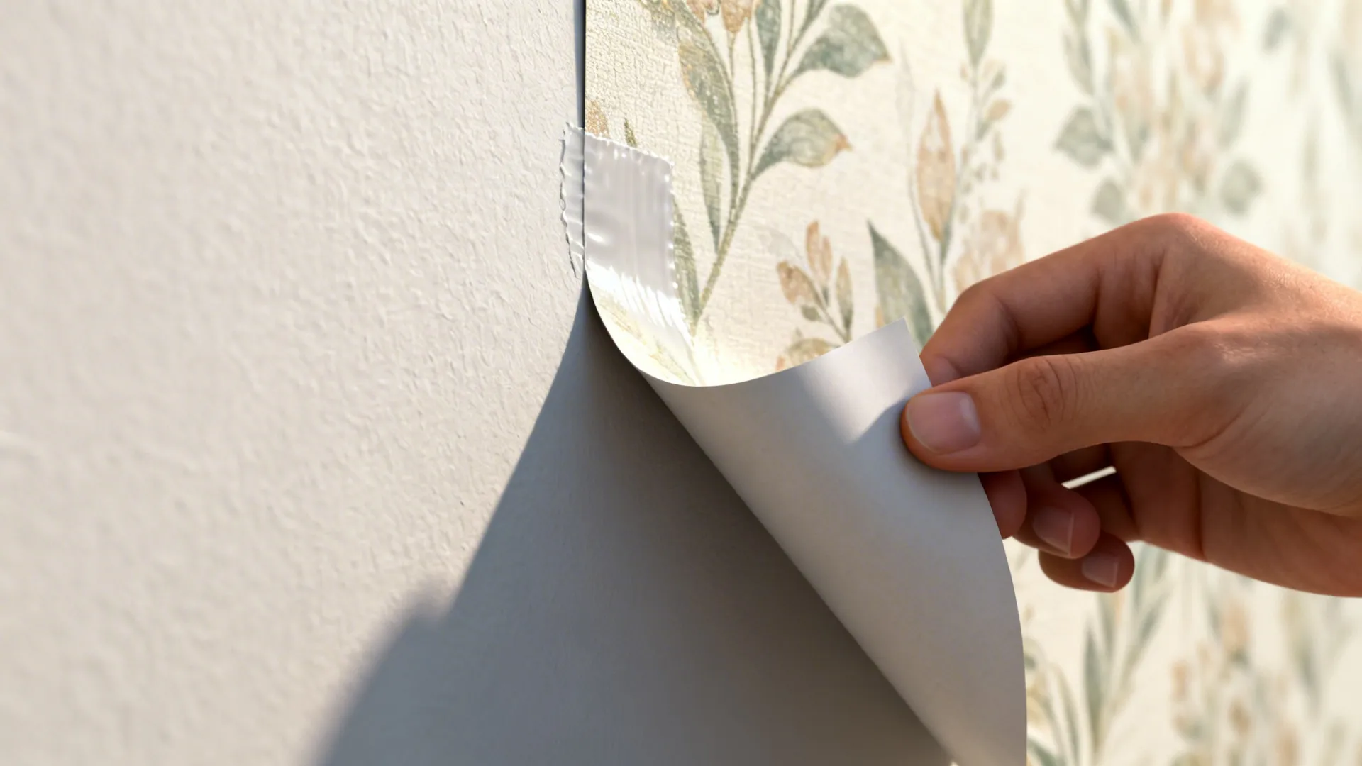 Hand peeling a corner of removable peel-and-stick wallpaper cleanly from a painted wall.