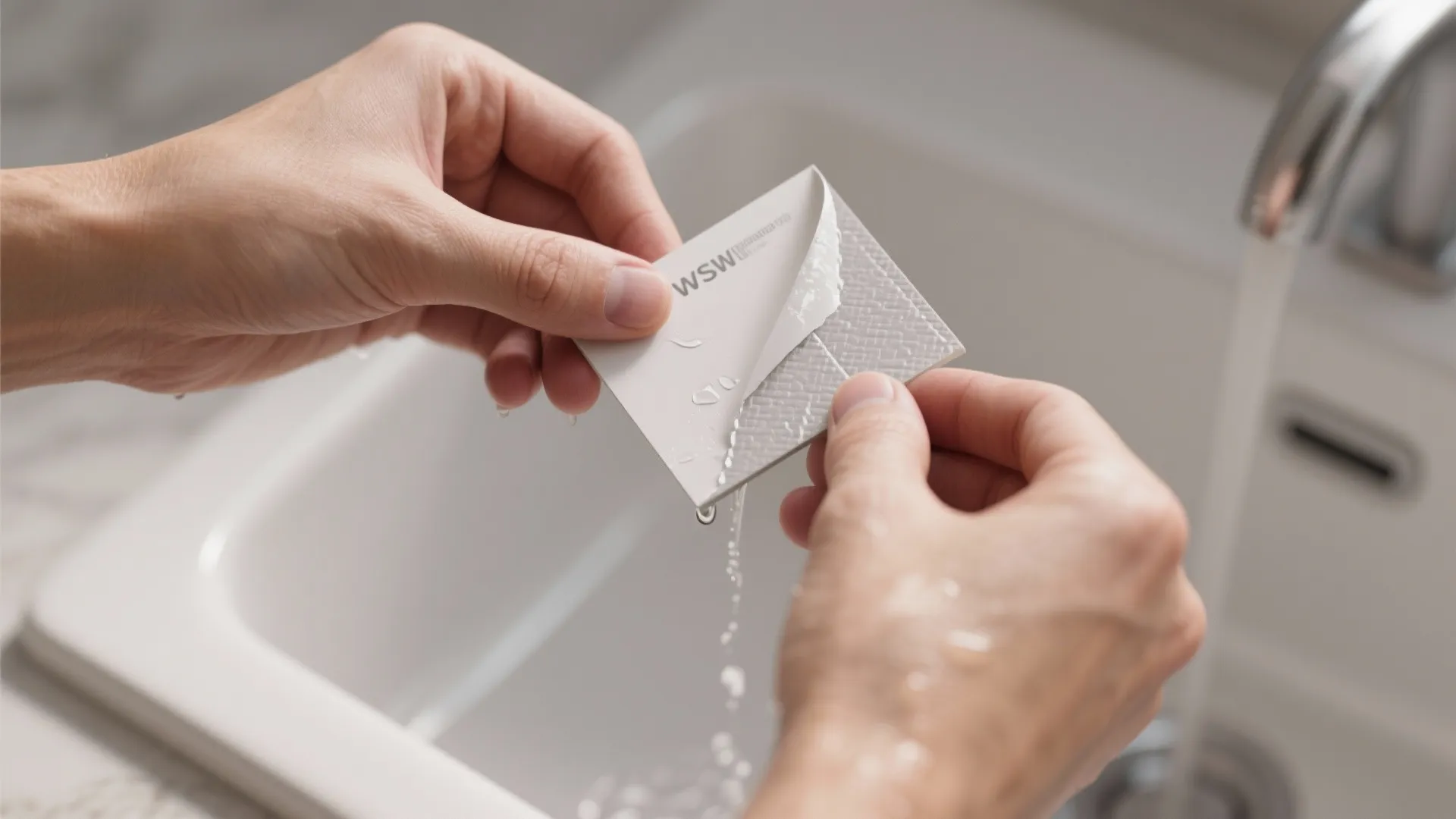 Hands peeling a waterproof material sample under running water over a white kitchen sink basin