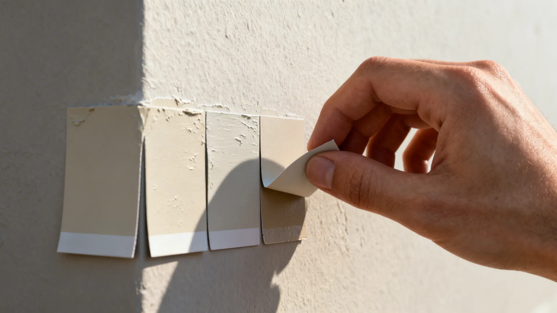 Hand peeling a beige paint color sample sticker off a textured wall with other samples