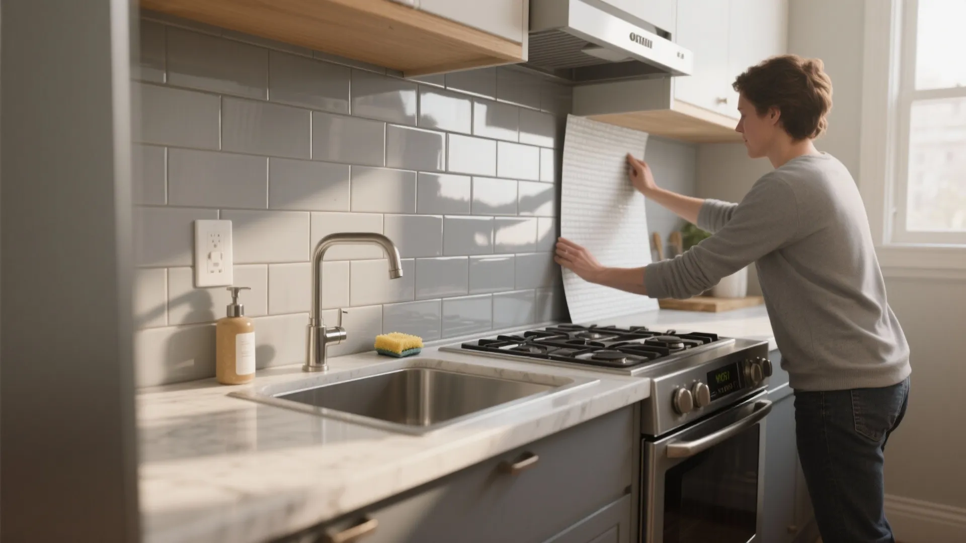 Woman applying peel and stick wall panels to a kitchen backsplash above stove and sink