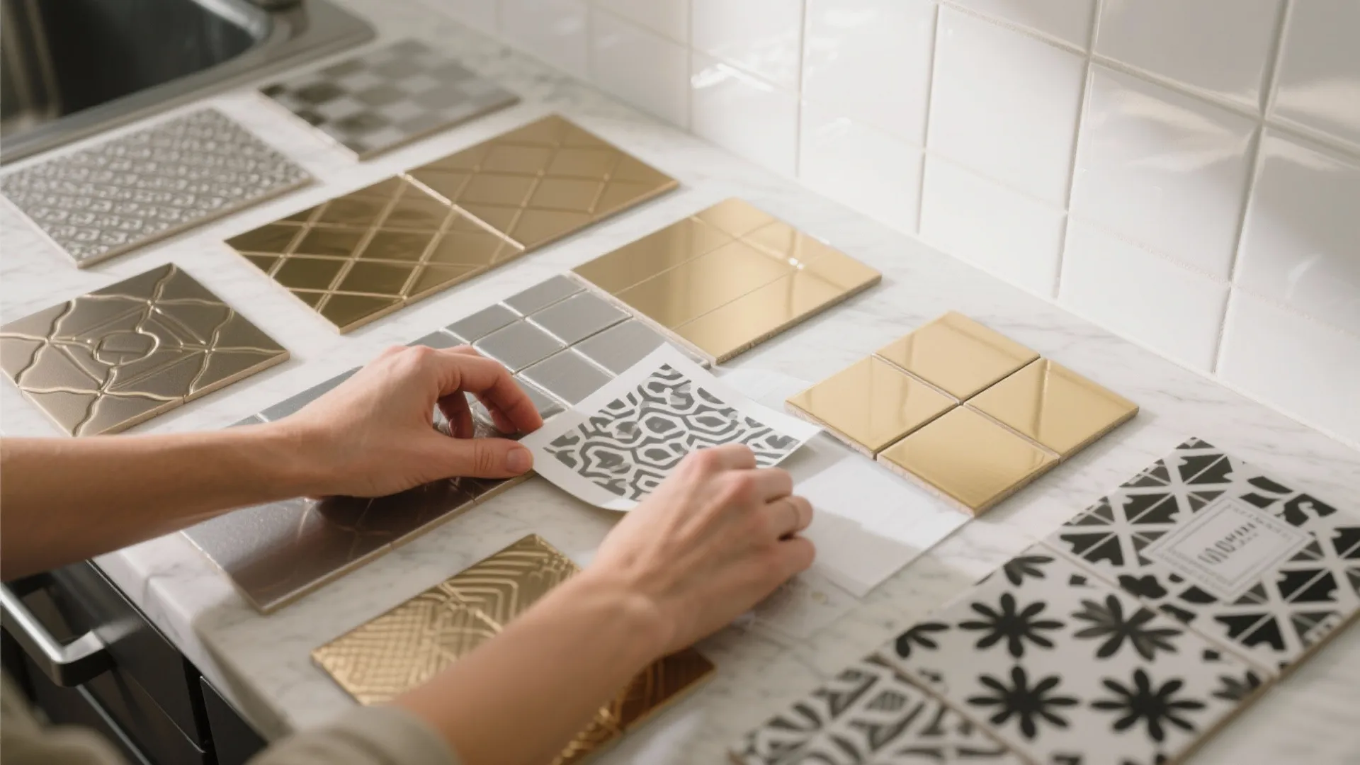 2. Peel-and-Stick Metallic or Patterned Tiles