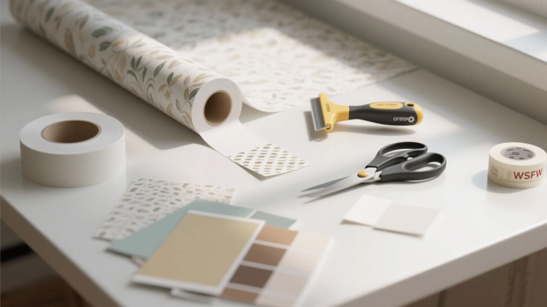 Roll of patterned wallpaper with scissors tape and scraper tool on a white work table
