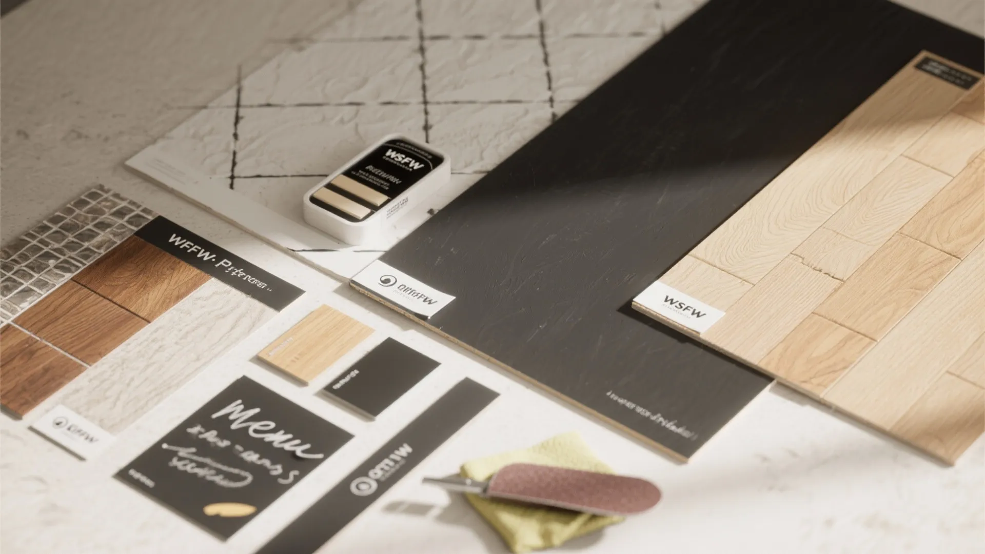 Various interior design material samples including wood flooring black panels tiles and small decorative color swatches