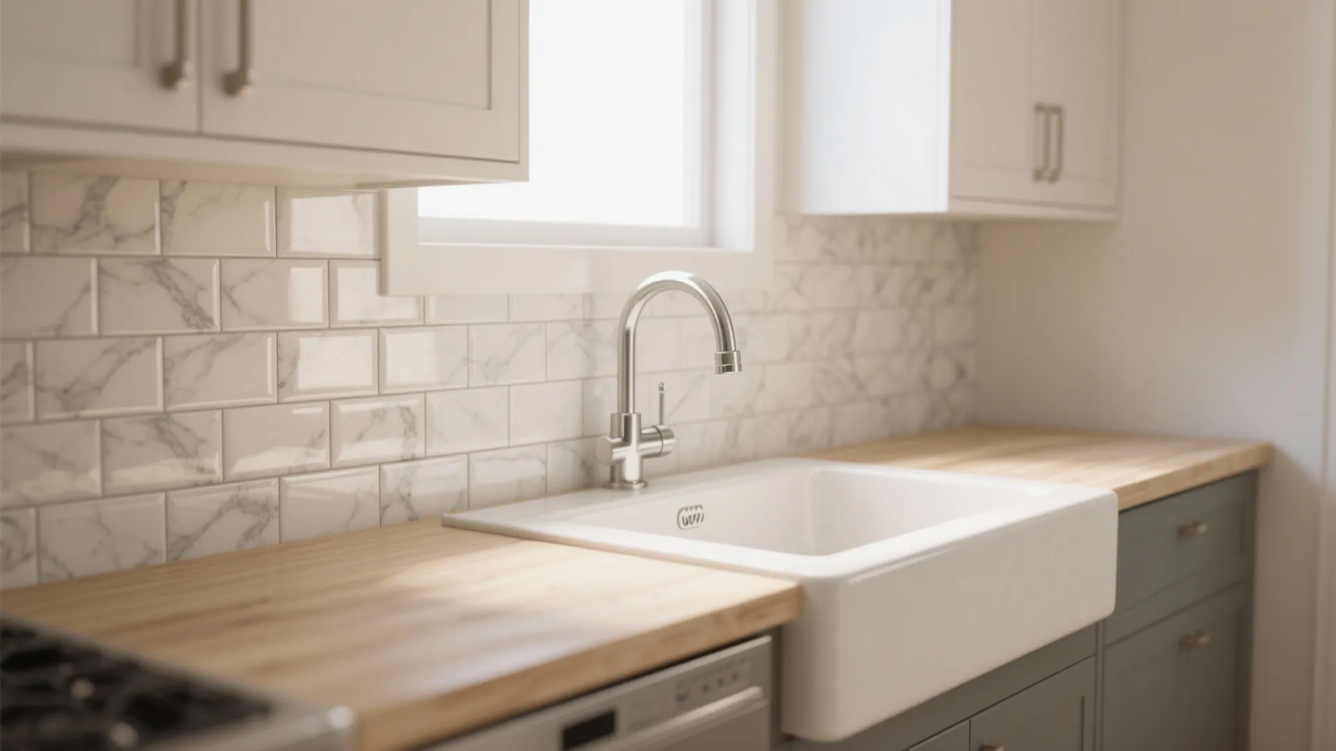 Modern kitchen with white marble wall tile light wood countertop white sink and silver faucet
