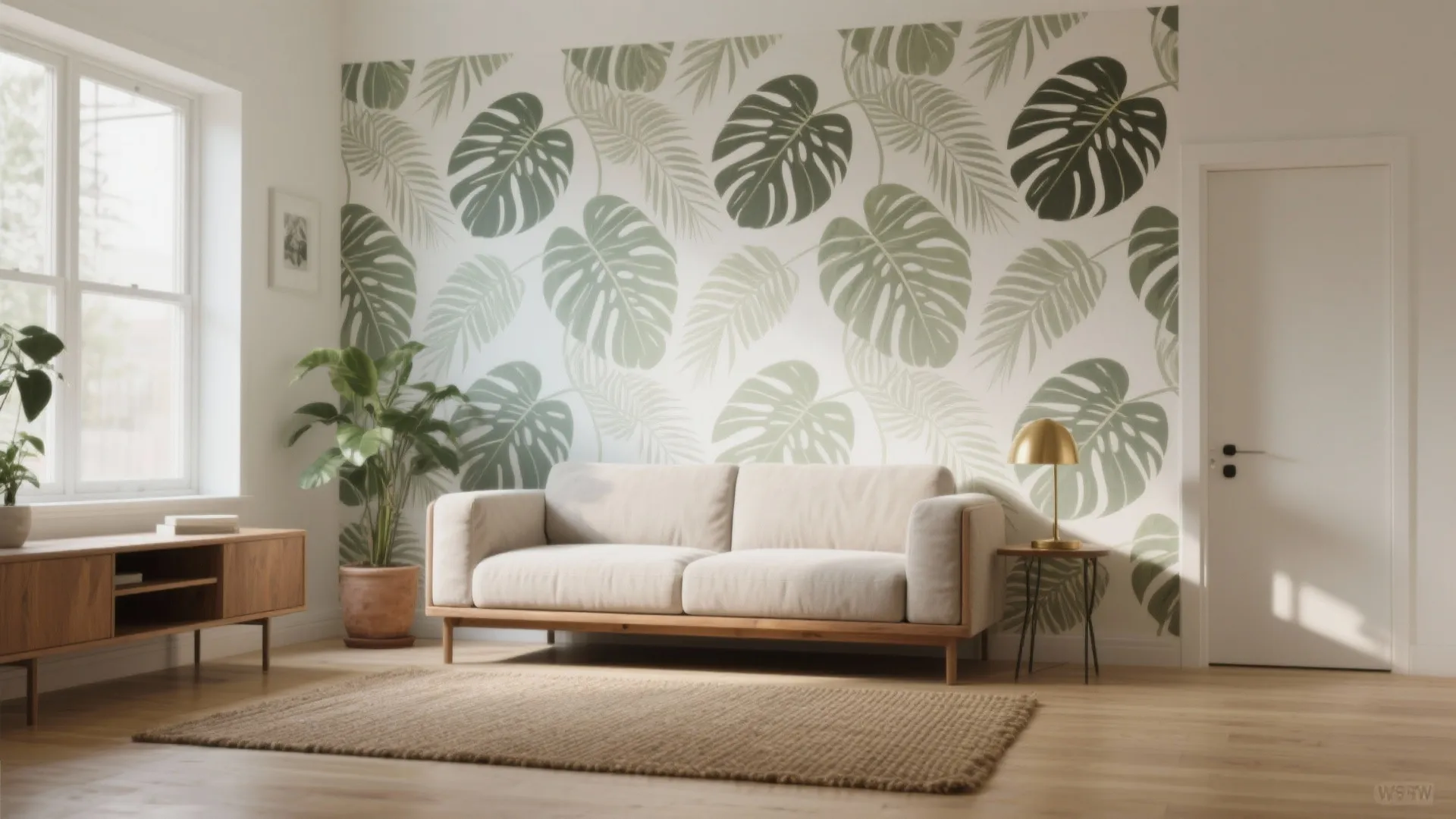 Bright living room with white sofa green leaf wallpaper wooden floor golden lamp and plant