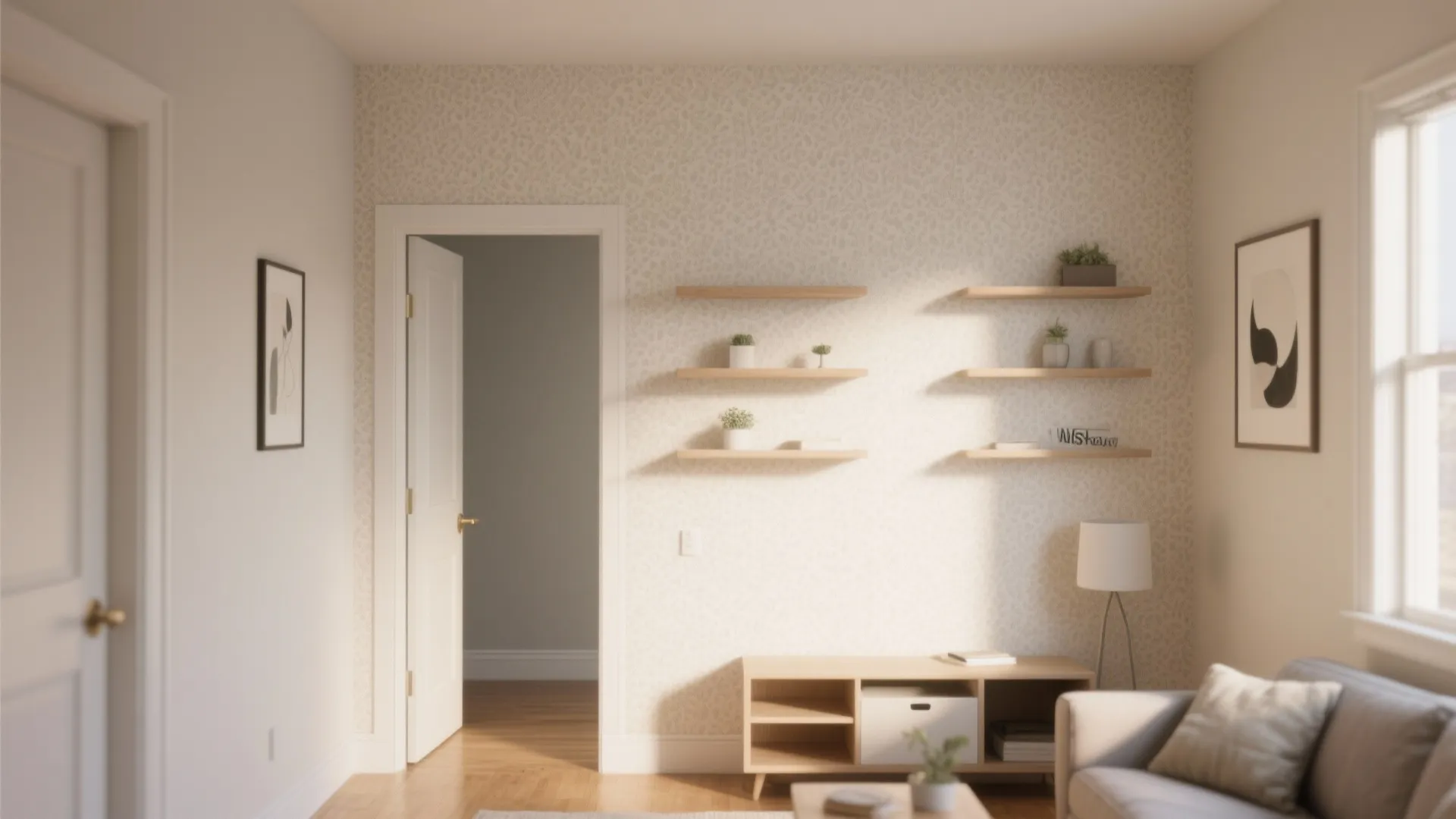 Modern living room featuring cream patterned wallpaper wood shelves a low cabinet and open door