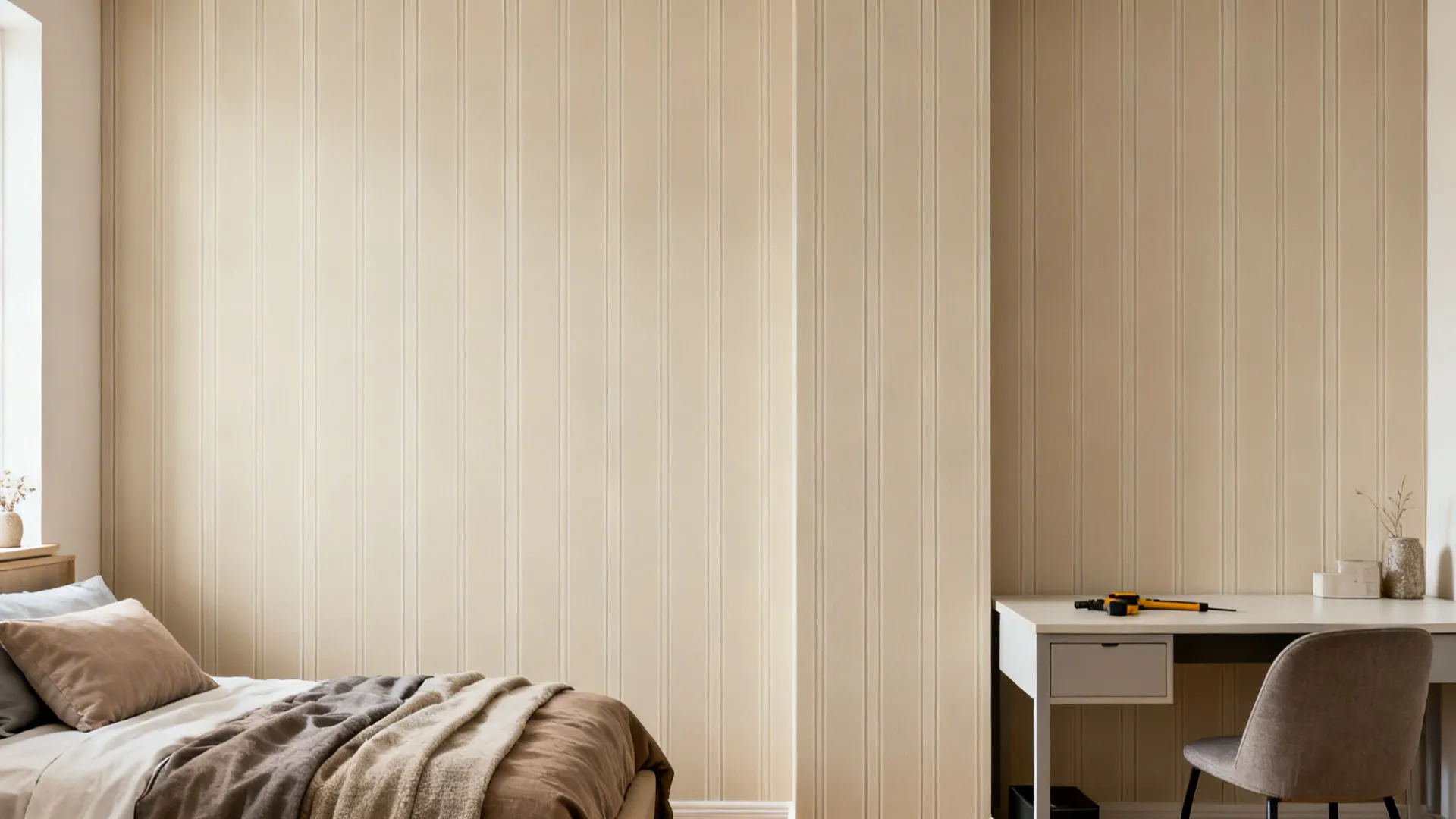 Peel-and-stick wallpaper accent column adds curated color to a compact hostel wall.
