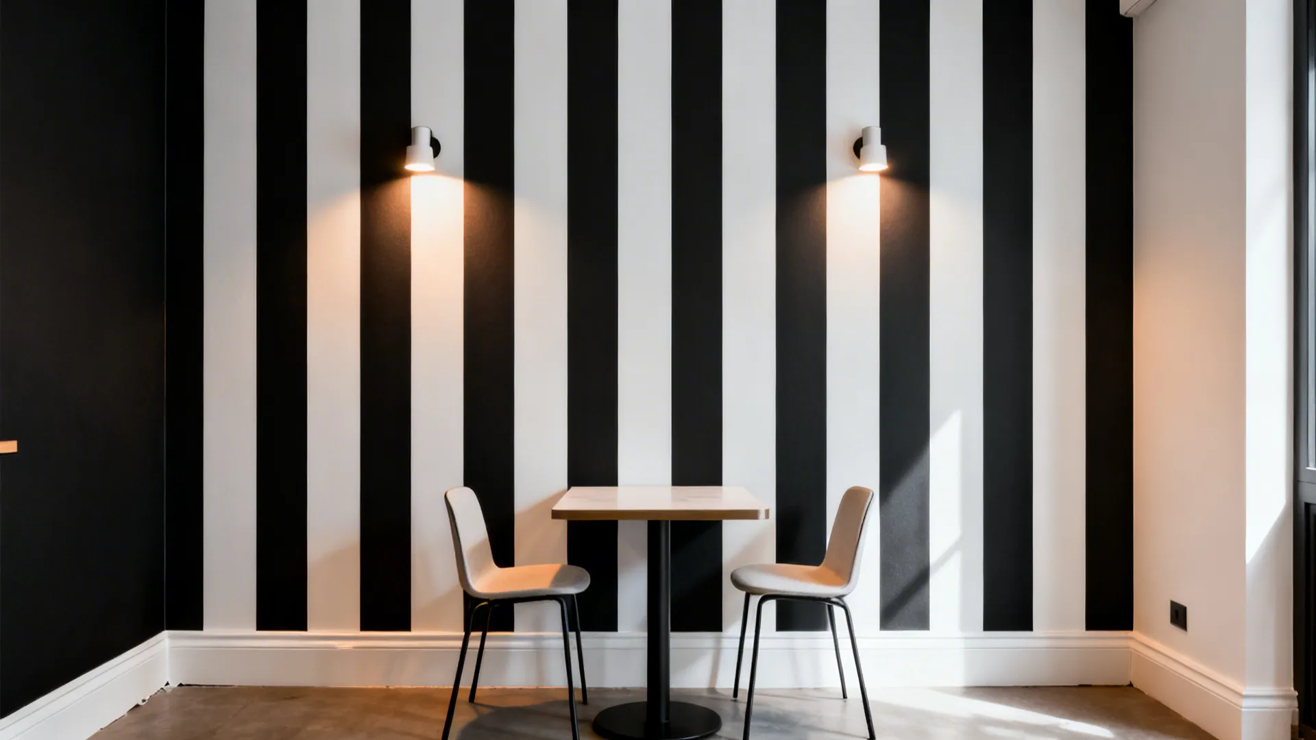 Small dining area with black and white striped wallpaper two chairs and two small wall lights