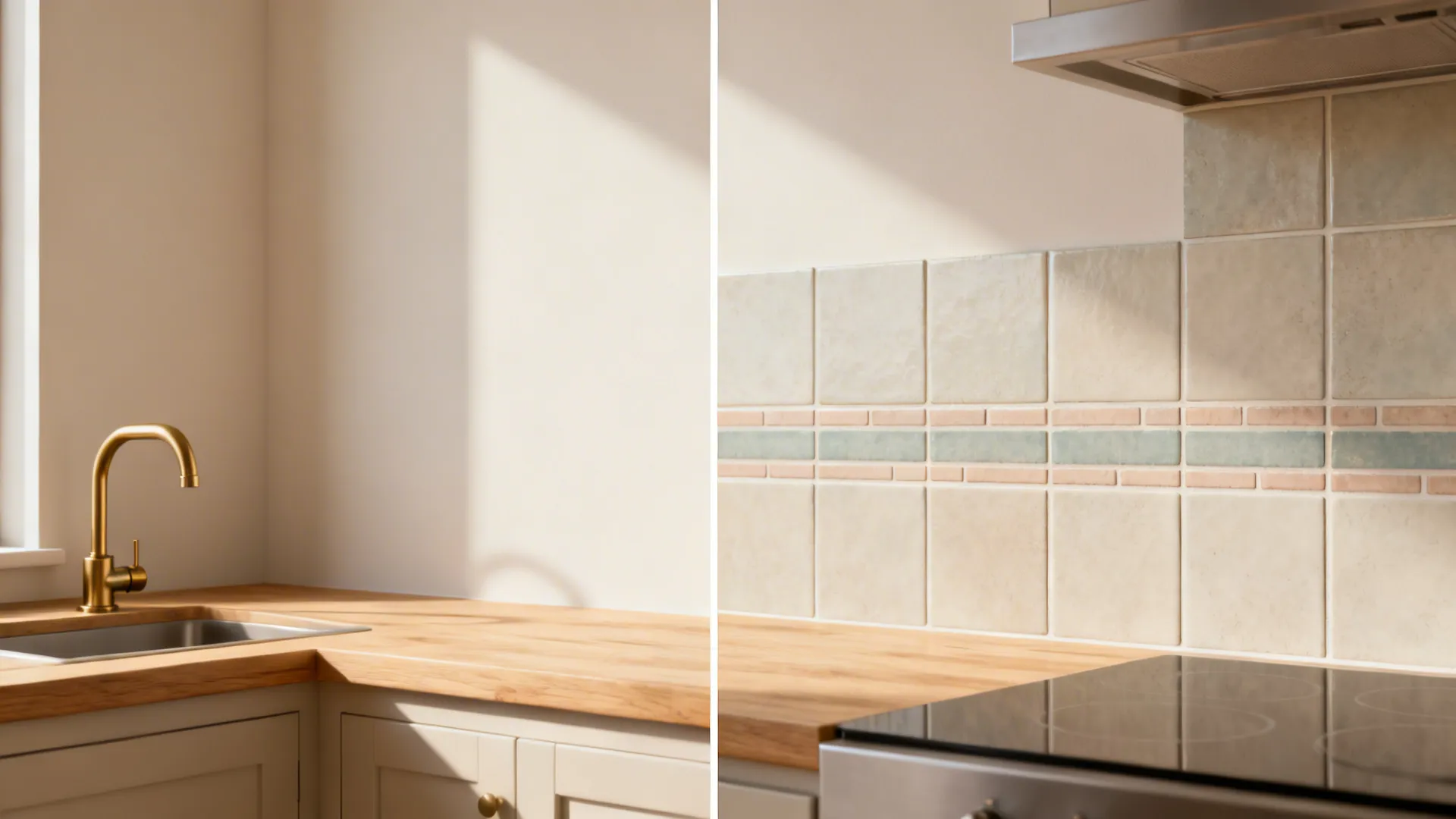 Before-and-after of a small kitchen wall transformed with peel-and-stick backsplash tiles.