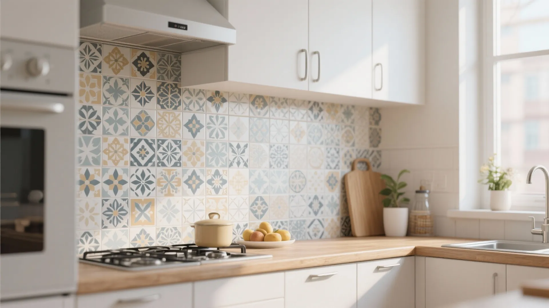 Modern kitchen with white cabinets patterned tile backsplash wooden countertop stove and a yellow cooking pot