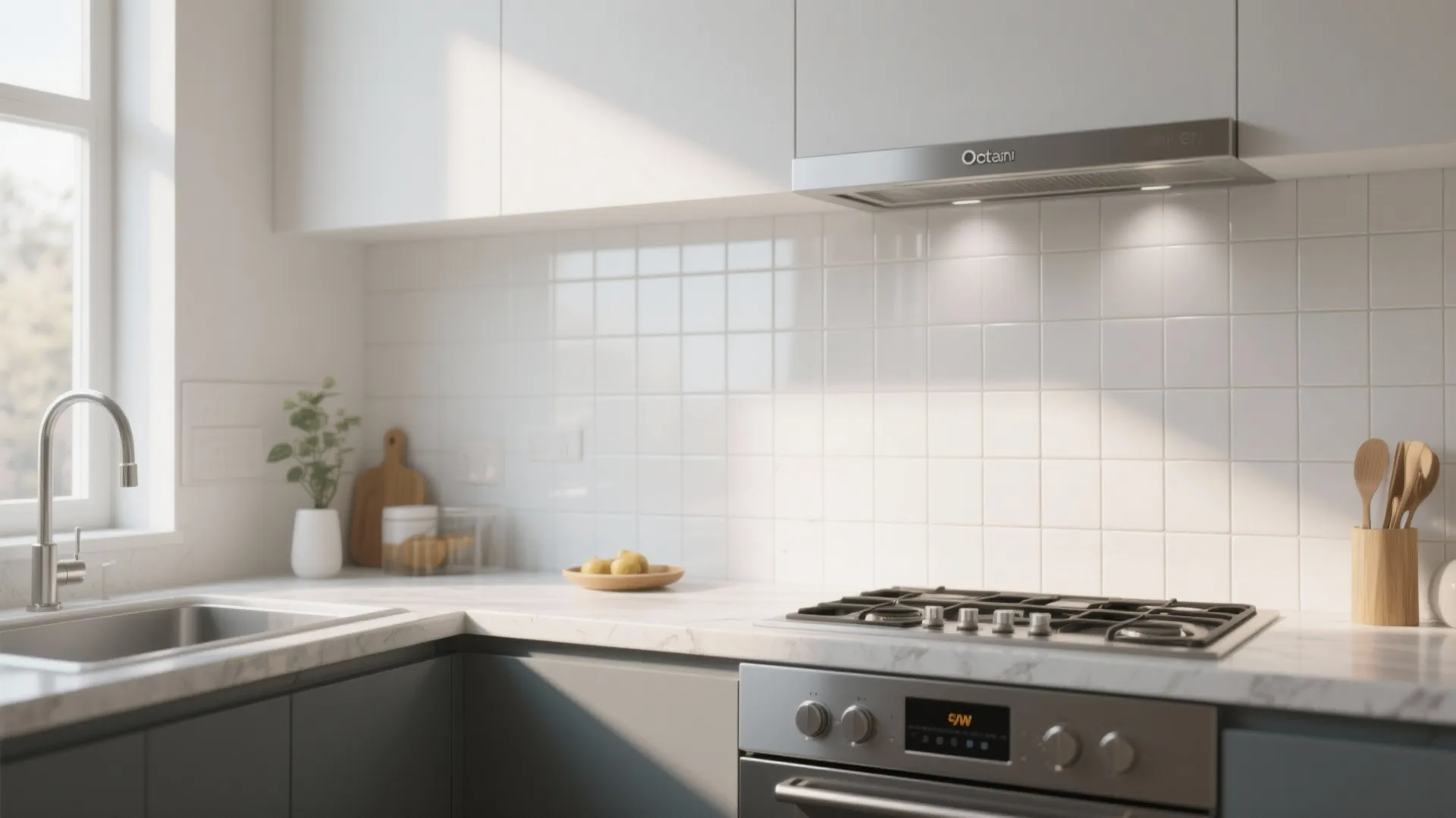 Modern white kitchen featuring peel and stick tile backsplash with grey cabinets and marble countertop