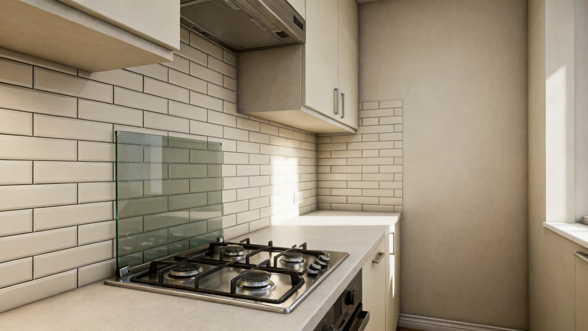 Small galley kitchen with matte peel-and-stick subway backsplash and glass heat shield near the cooktop.
