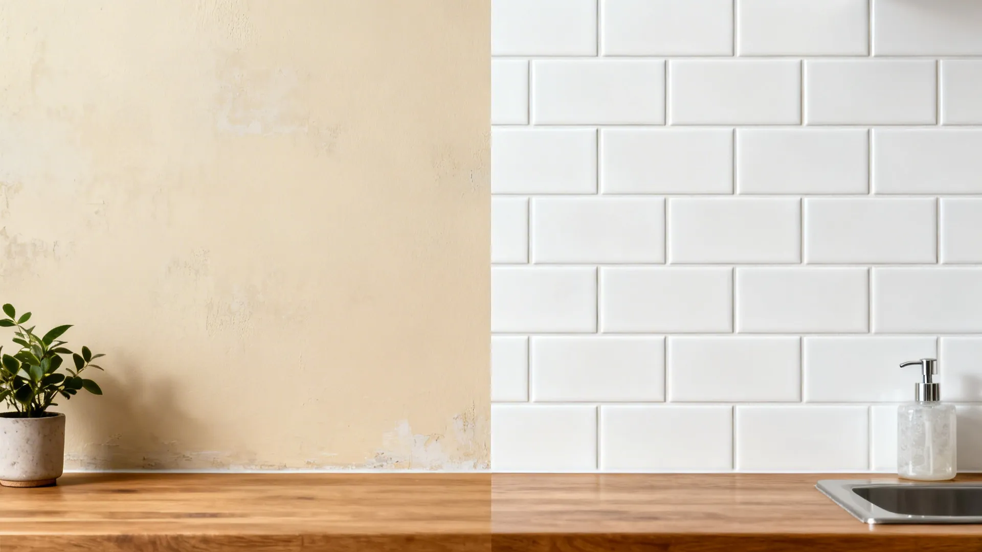 Before-and-after view showing a beige wall transformed by a matte white peel-and-stick subway backsplash.