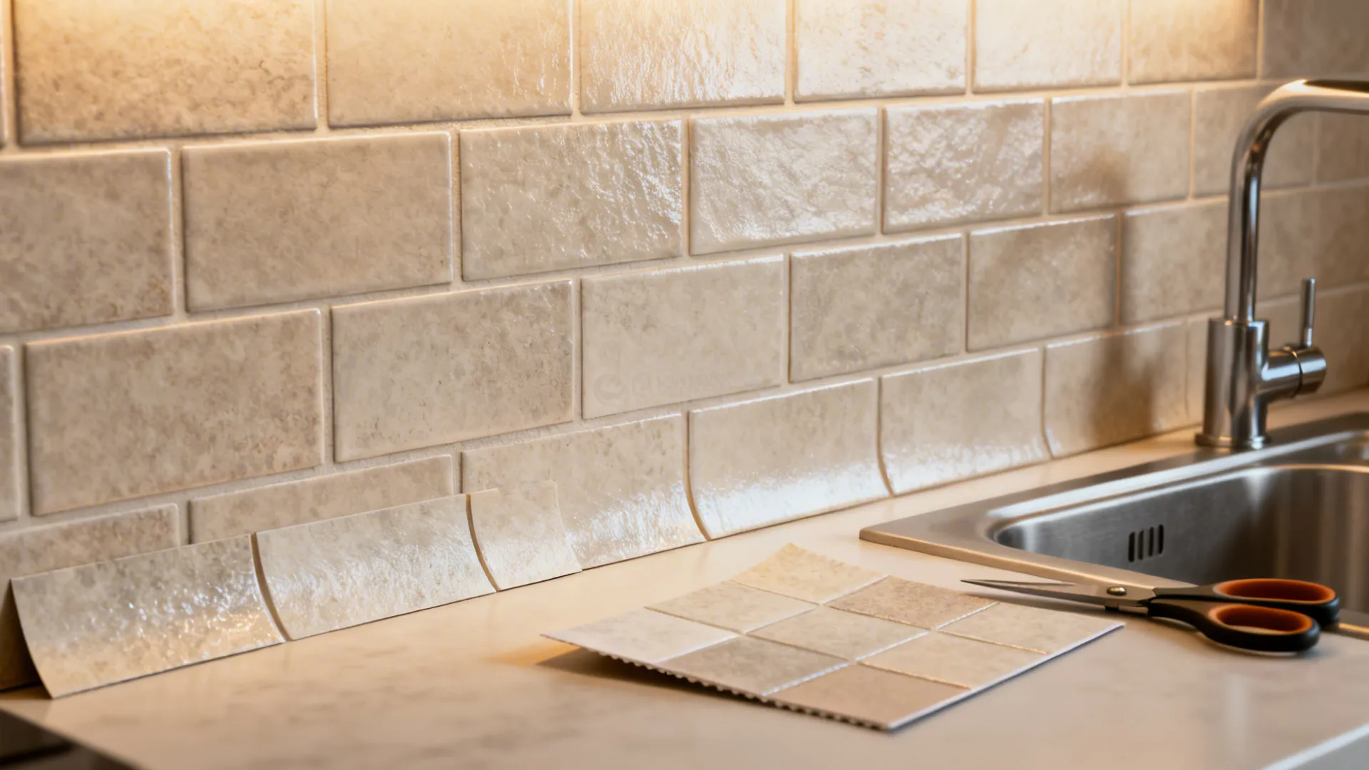 Peel-and-stick vinyl tile sample applied behind a sink, showing texture and DIY tools.