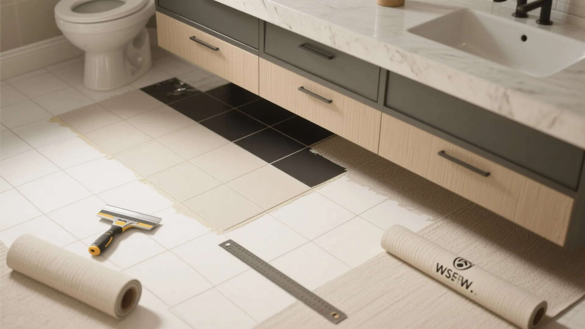 Top-down view of peel-and-stick vinyl tiles being installed with tools and linen-texture film for a quick renter-friendly refresh.