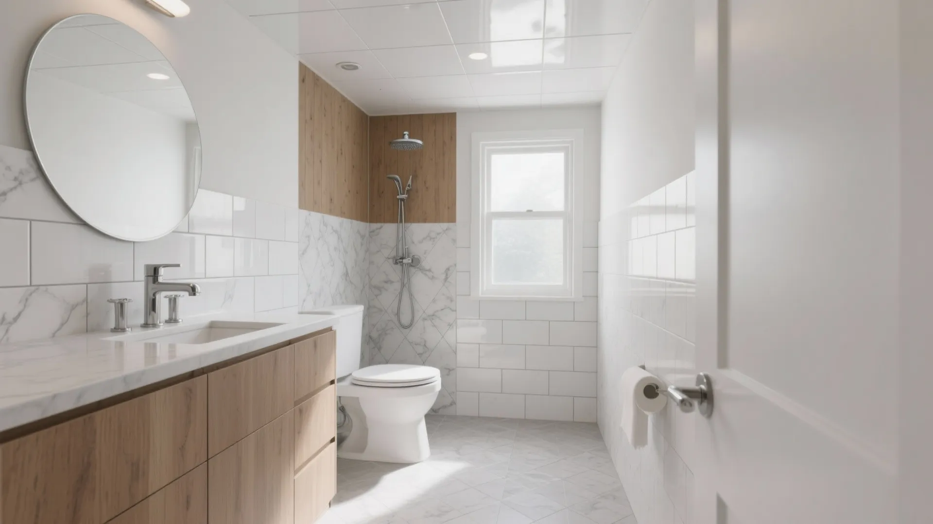 Modern bathroom interior featuring wood cabinet white marble tiles round mirror and glass shower area with window
