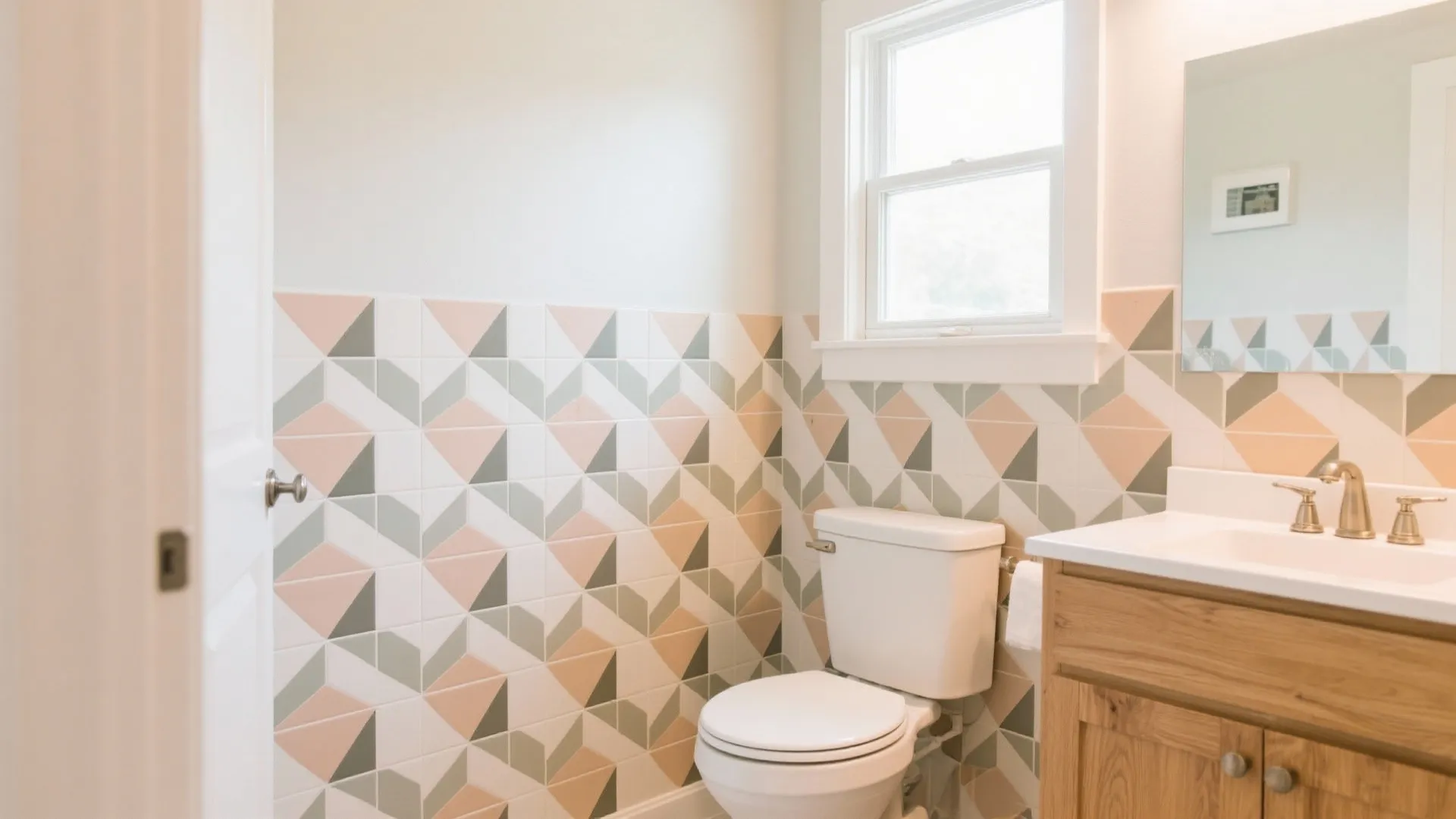 Modern bathroom featuring geometric pattern wall tiles with white toilet and wooden vanity with sink