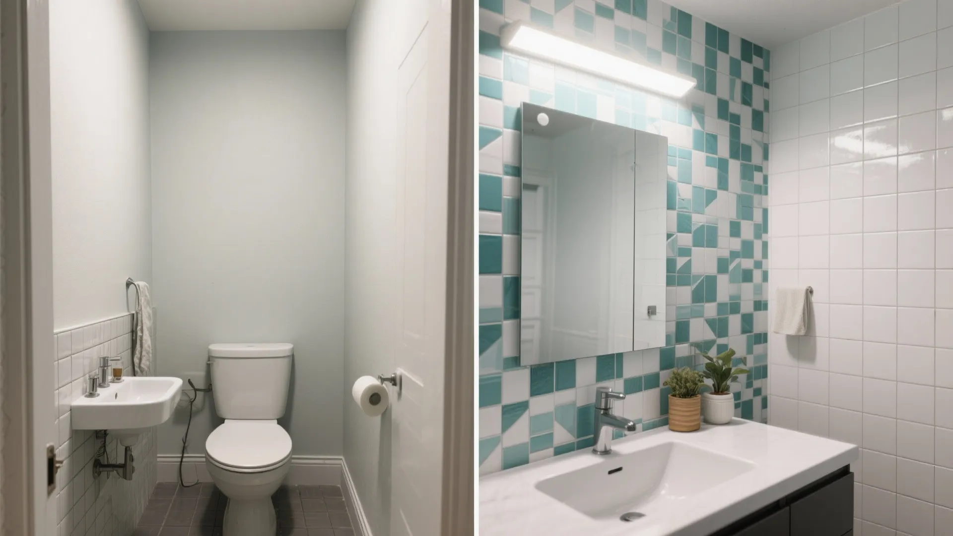 Before and after comparison of simple white bathroom versus modern vanity with blue patterned wall