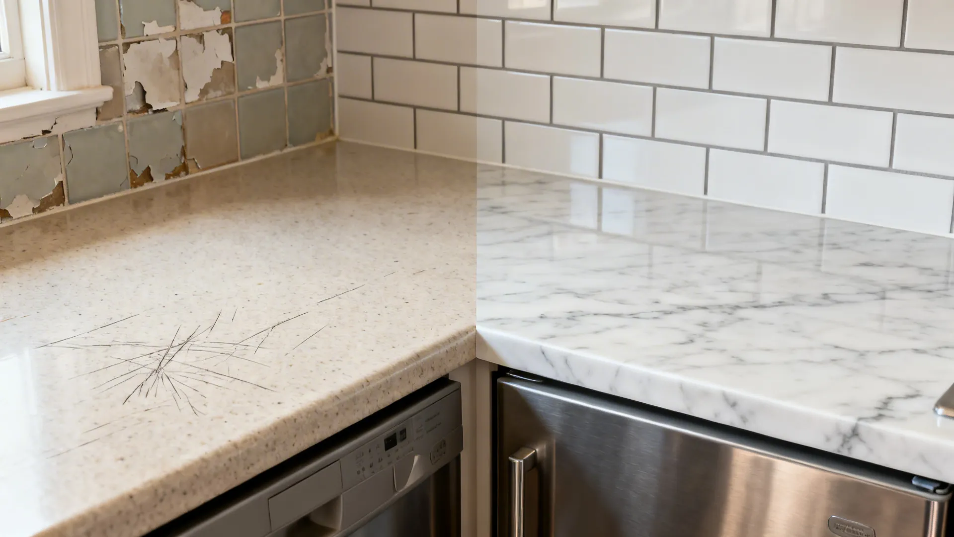 Before-and-after kitchen showing peel-and-stick marble counter and adhesive subway tile backsplash.