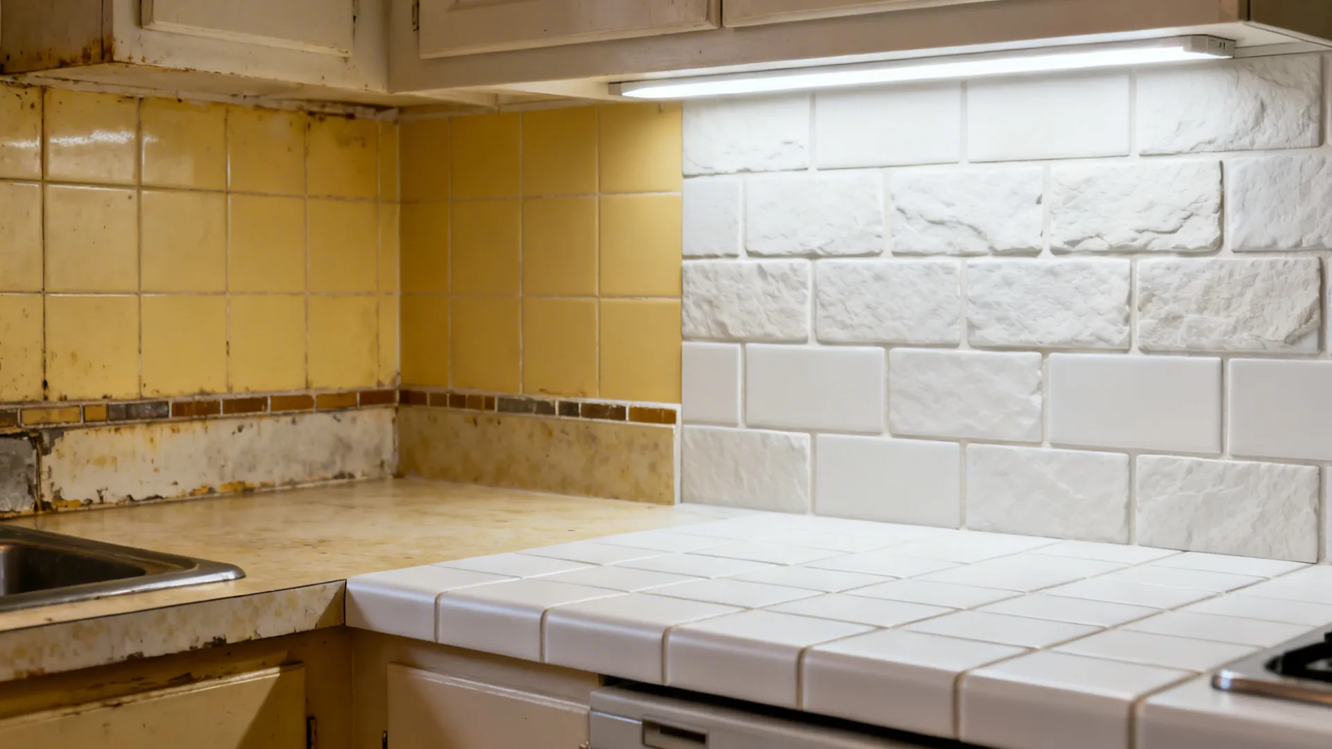 Before-and-after of rental kitchen with peel-and-stick subway tile and matte stone-look counter wrap.
