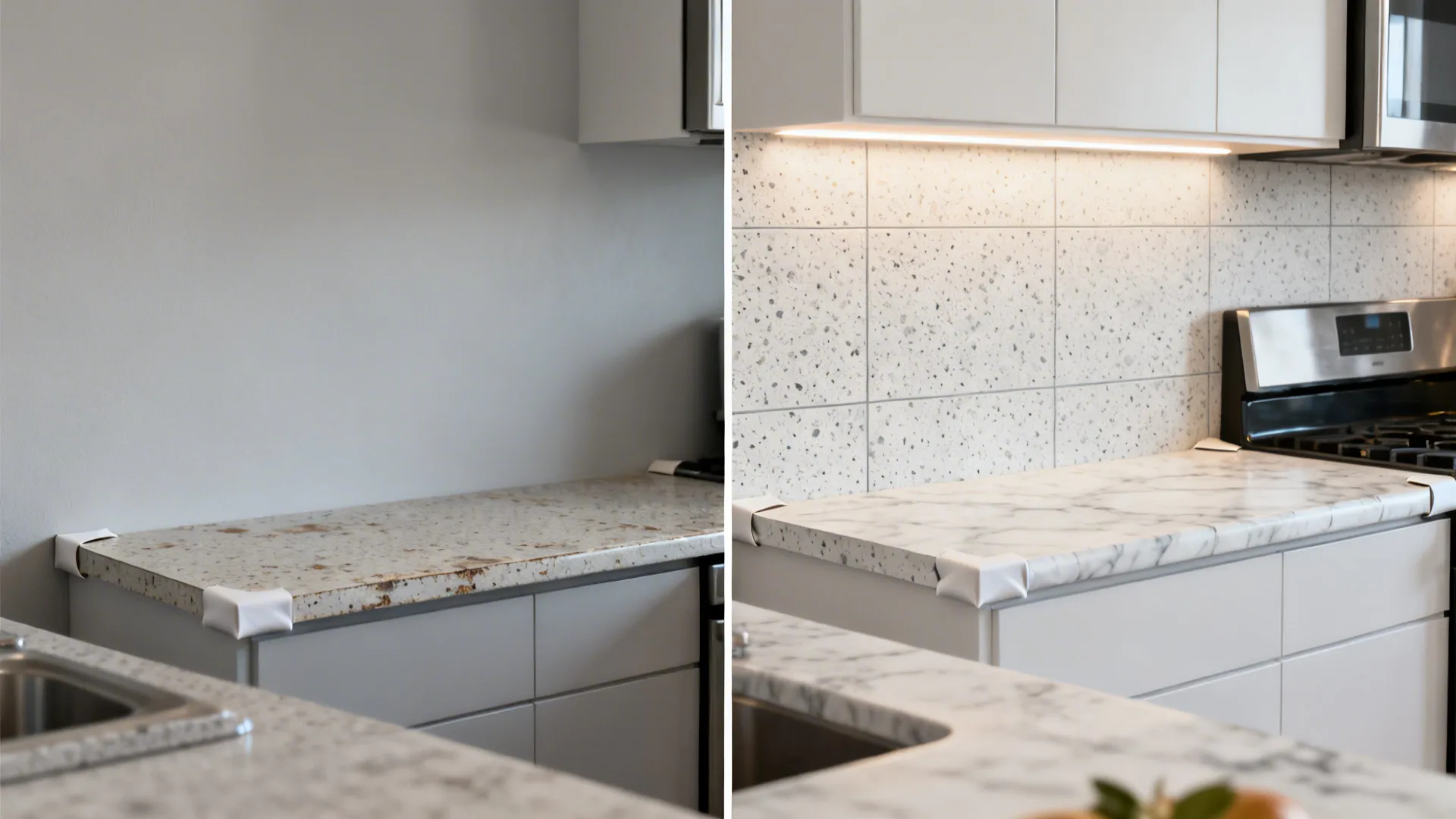 Before and after comparison of a plain kitchen wall versus a new stone tile backsplash