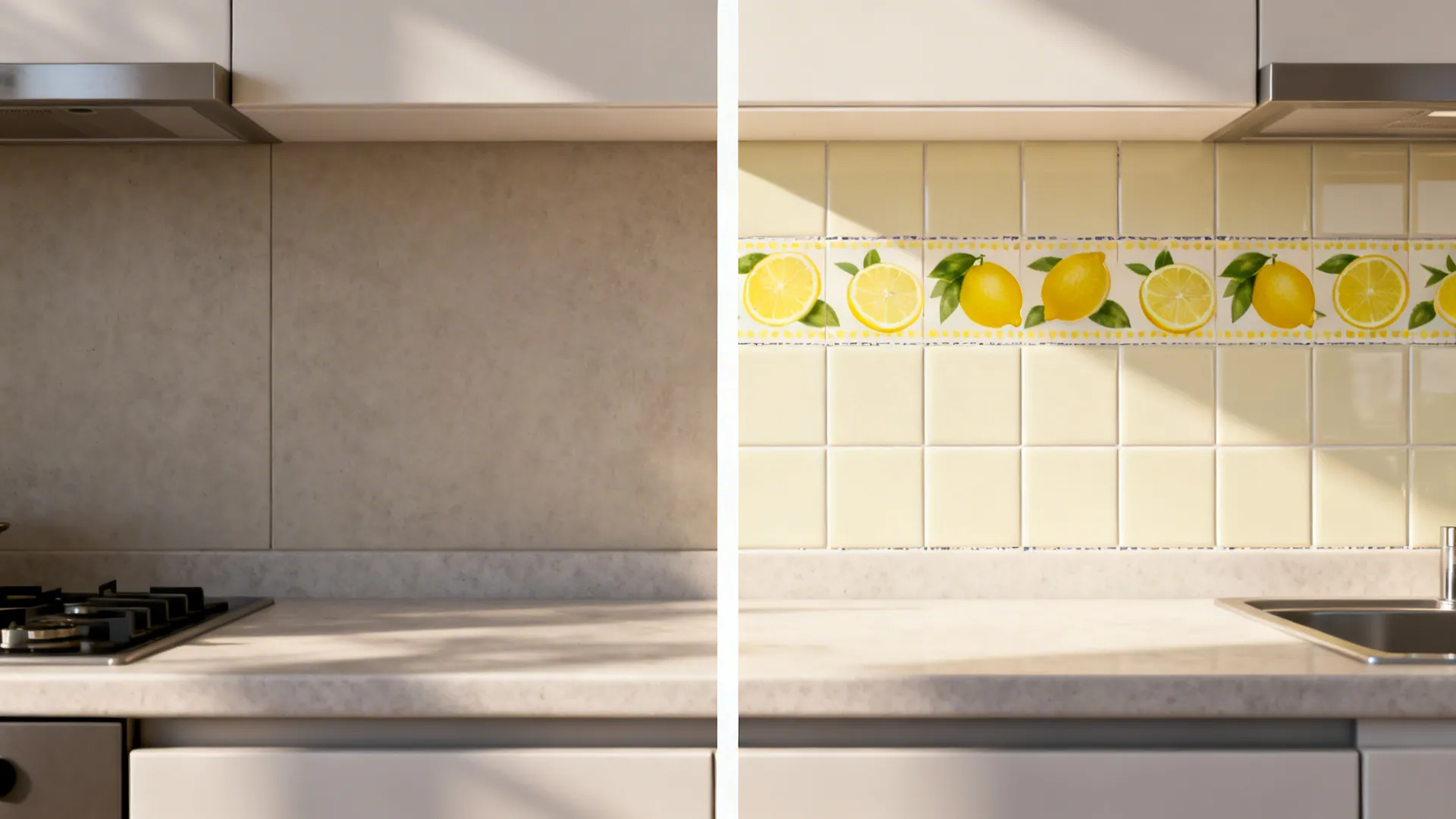 Before-and-after showing a plain backsplash transformed with removable lemon stripe tiles.
