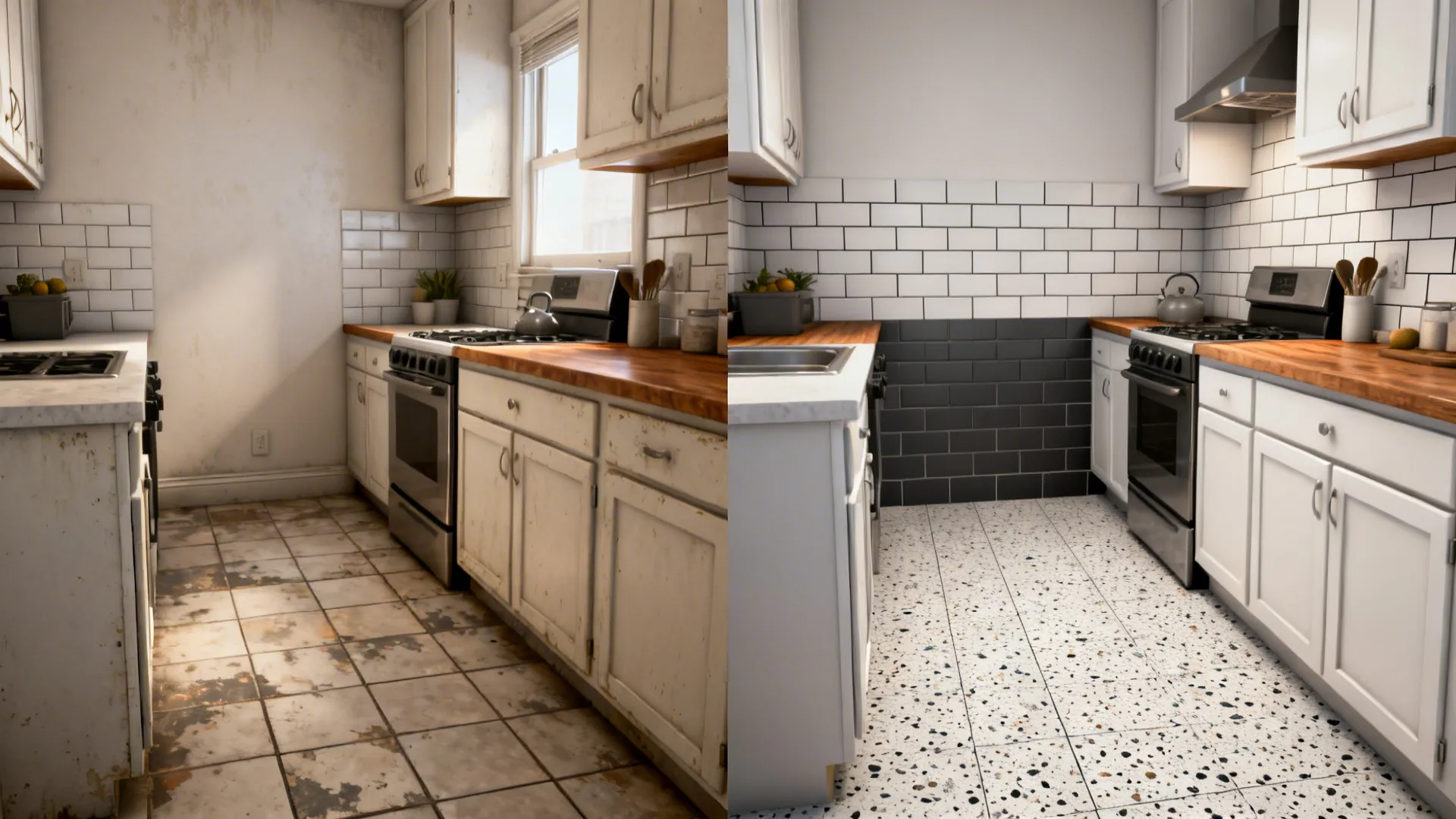 Before-and-after view of a rental kitchen updated with peel-and-stick backsplash and terrazzo floor tiles.