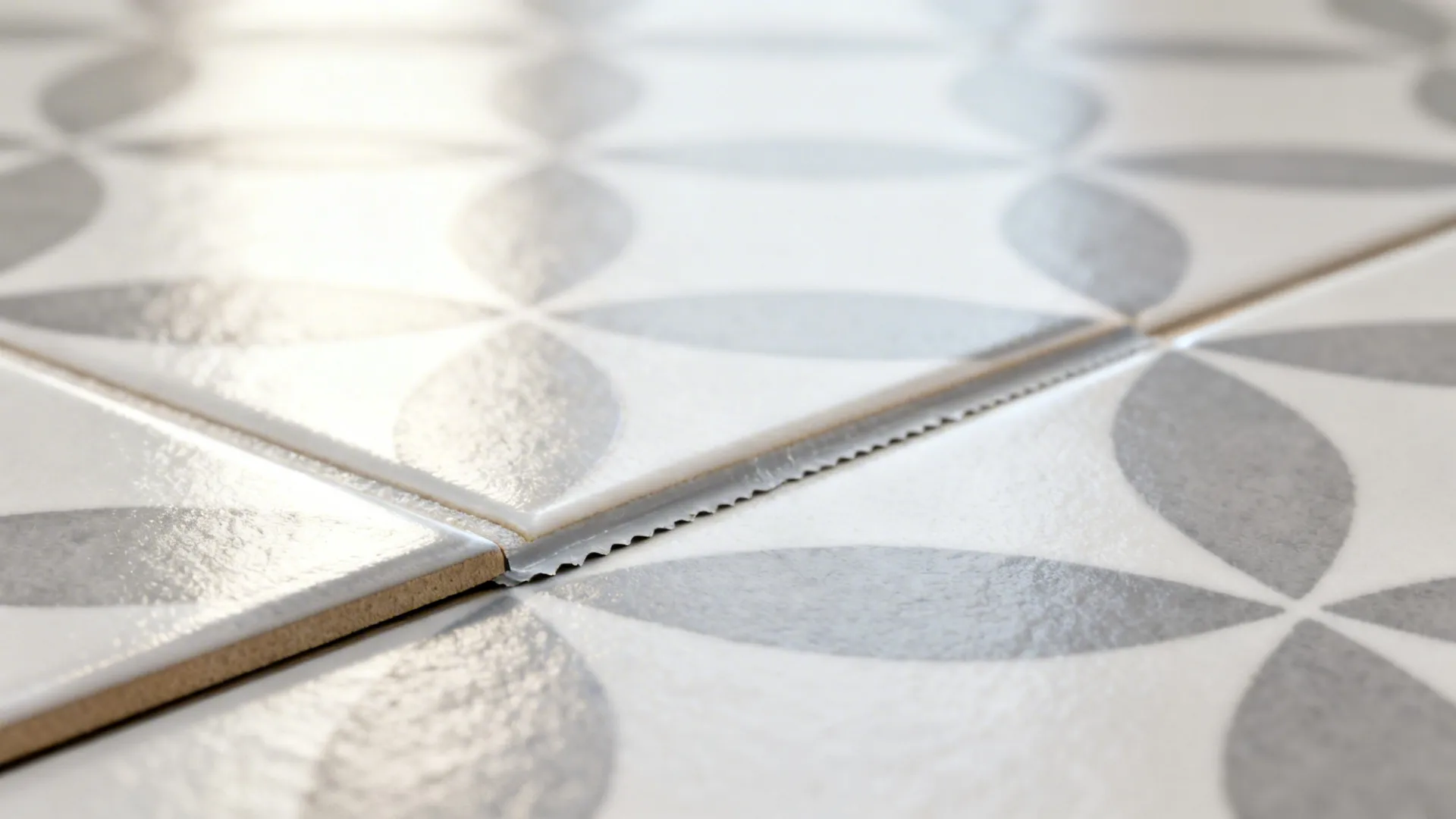 Close-up of peel-and-stick backsplash tile with subtle geometric pattern and clean edge