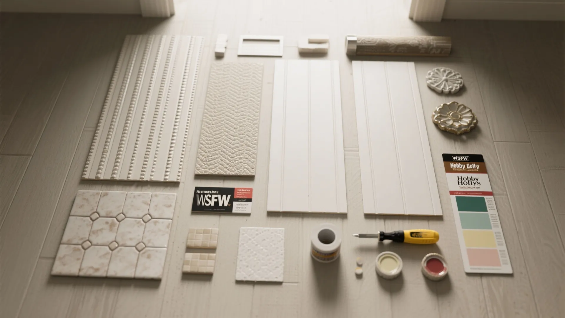Top-down flatlay of peel-and-stick textured panels, sample tiles, tools and paint swatches.