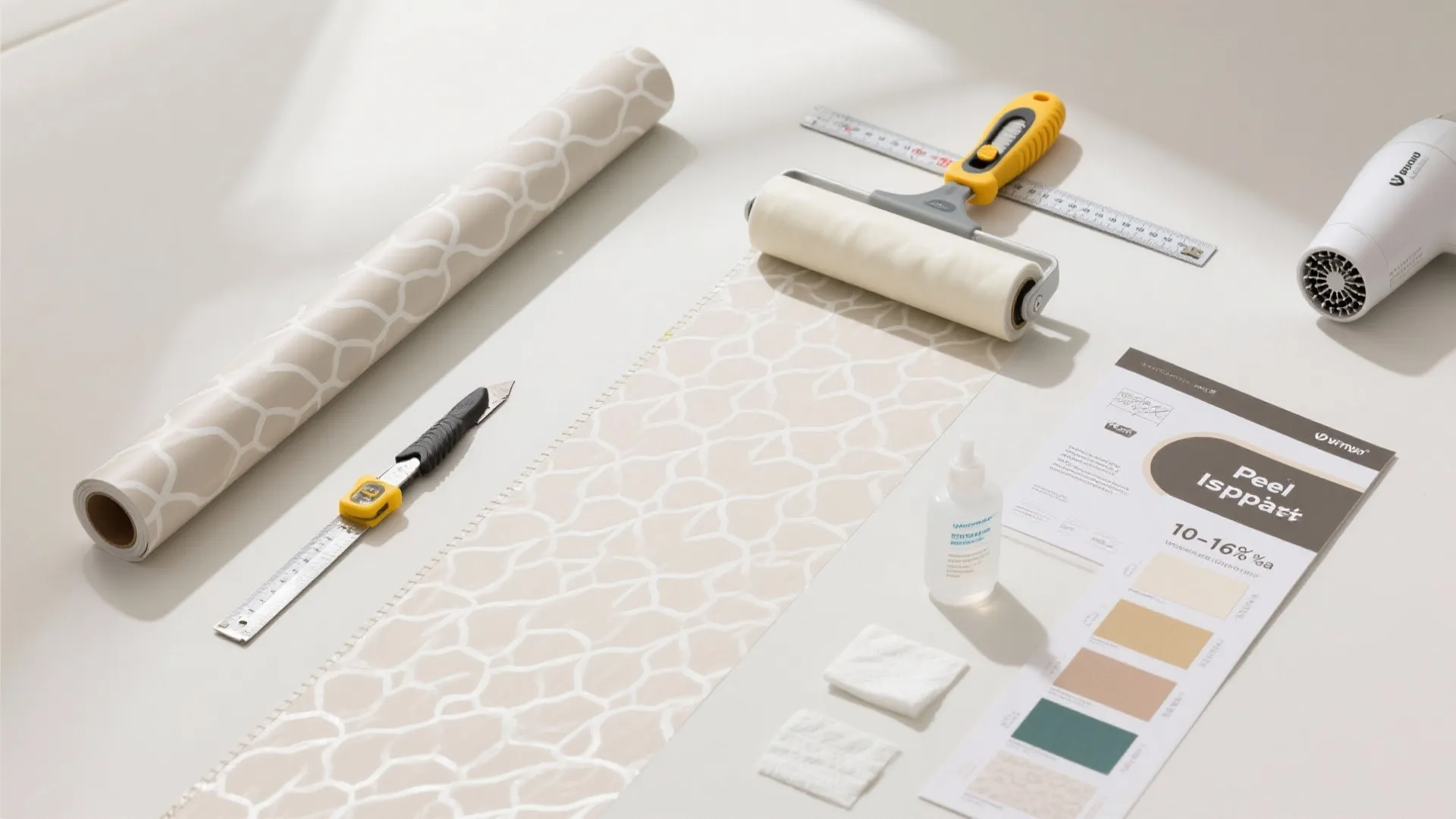 Wall sticker tools including roller cutter hair dryer glue and patterned paper on a white table