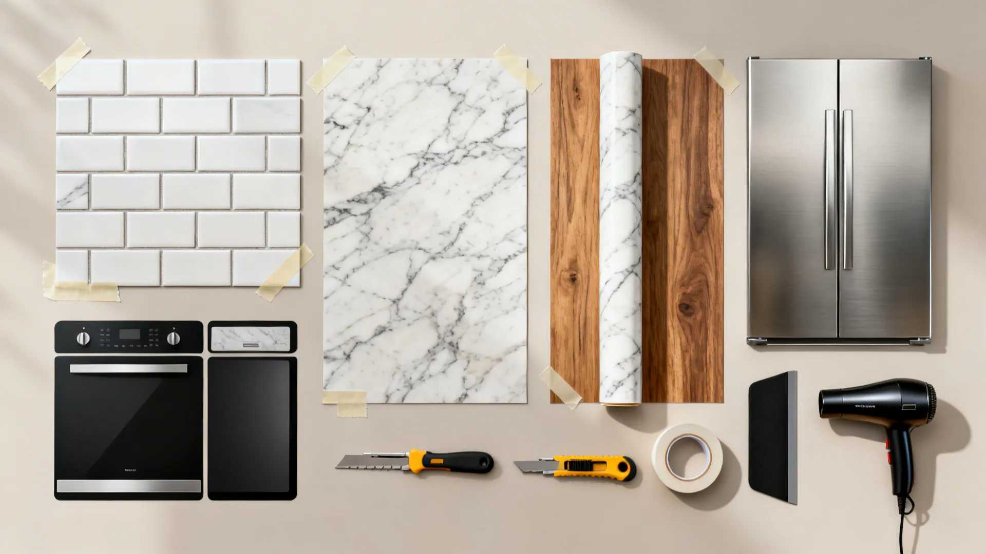 Flat lay of peel-and-stick tiles, vinyl films, decals, and tools for a renter-friendly refresh.