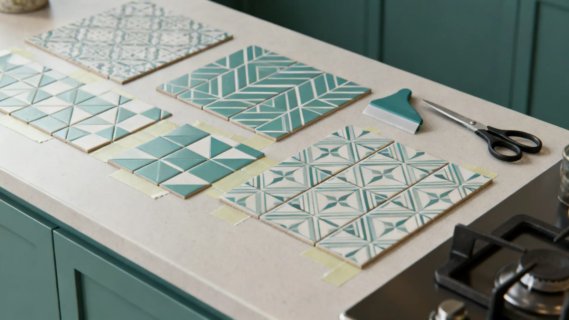 Flatlay of peel-and-stick geometric vinyl backsplash tiles and installation tools.